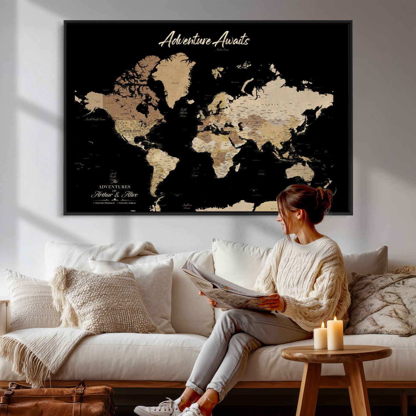 88415067-MGV-CV-36X24 - Custom Push Pin World Map Canvas Print – Personalized Travel Map Wall Art