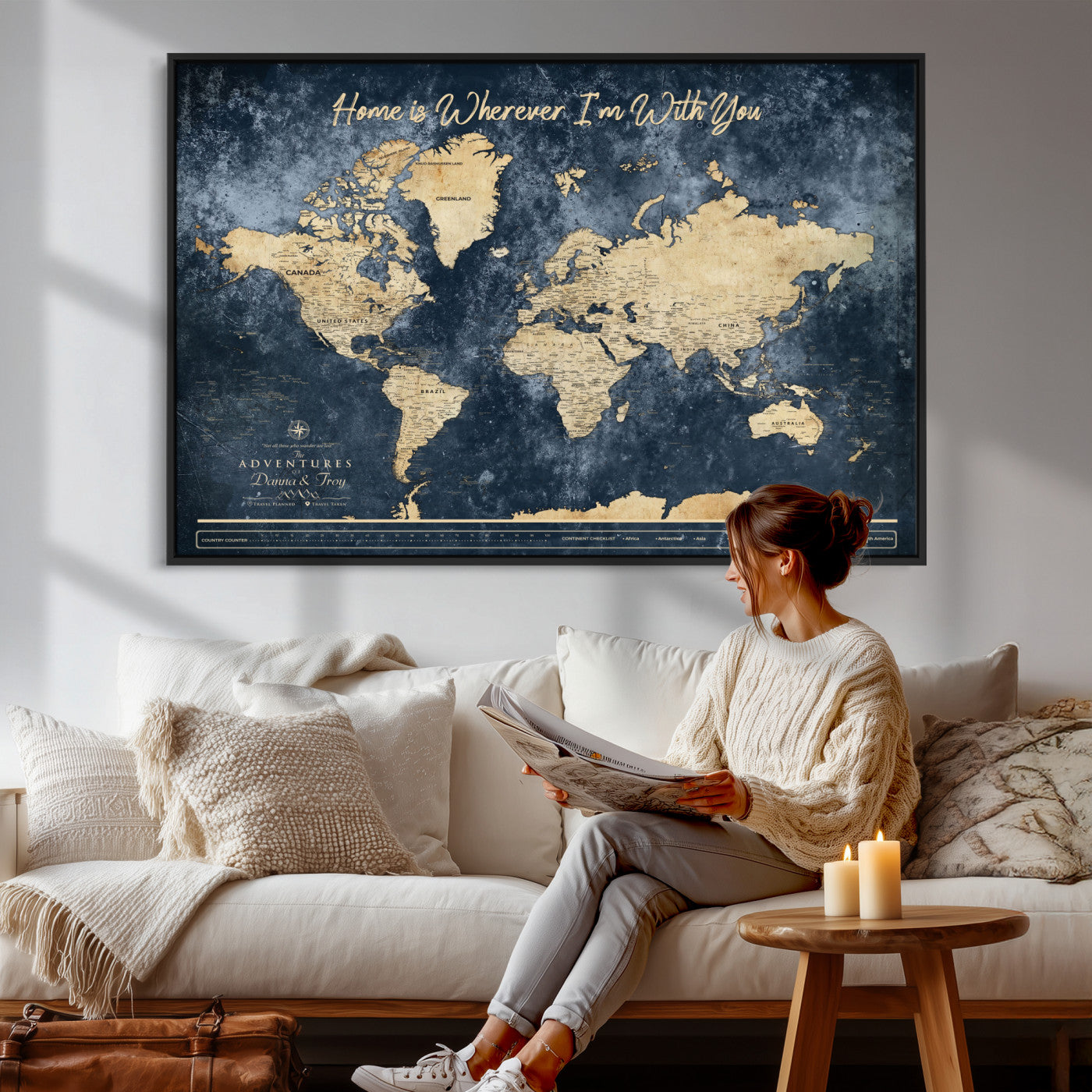 400867BL-MGV-CV-36X24 - Framed Blue Custom Push Pin World Map Canvas Print – Personalized Travel Map Wall Art