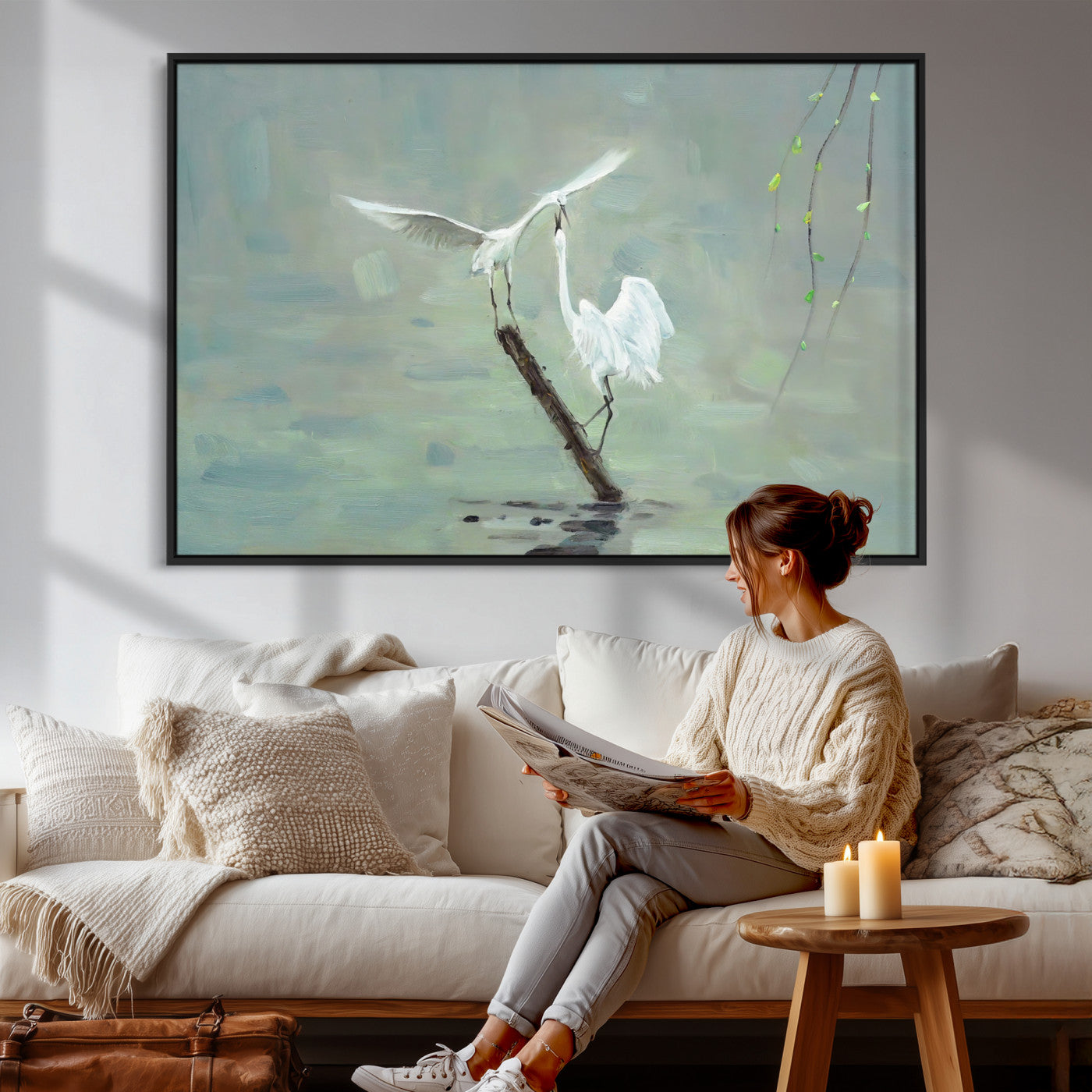 91124838-MGV-CV-36X24 - Two White Egrets on Marsh Branch Wall Art Canvas Print - Vintage Style Coastal Bird Poster