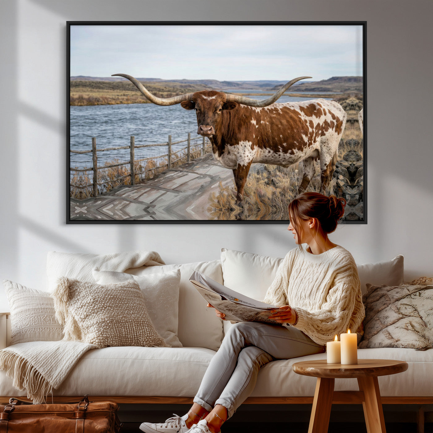 91575949-MGV-CV-36X24 - Texas Longhorn Cattle in Desert Pasture Wall Art Canvas Print - Rustic Western Decor