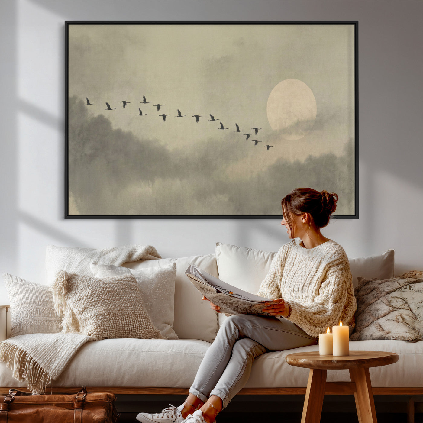 12098149-MGV-CV-36X24 - Flock of Birds Flying to Full Moon Wall Art Canvas Print - Vintage Surreal Clouds Painting