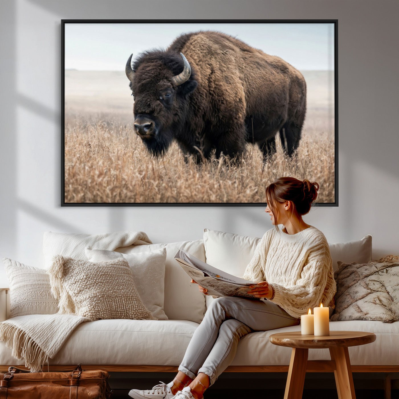 81029583-MGV-CV-36X24 - American Bison in Prairie Field Wall Art Canvas Print - Rustic Wildlife Photography
