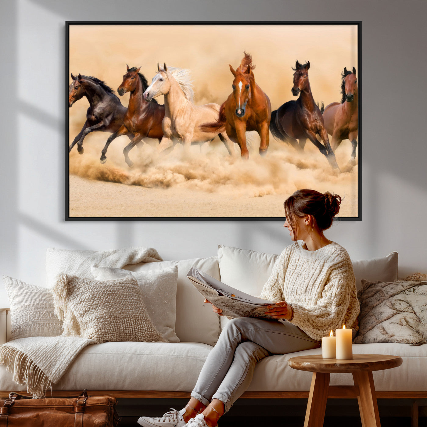 90610949-MGV-CV-36X24 - Herd of Six Wild Horses Galloping in Dust Storm Wall Art Canvas Print - Majestic Wildlife Decor