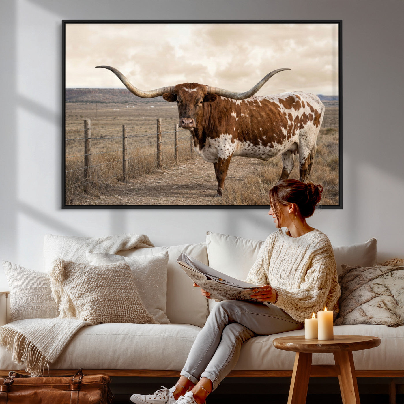 22808364-MGV-CV-36X24 - Texas Longhorn Cattle in Desert Pasture Wall Art Canvas Print - Rustic Western Decor