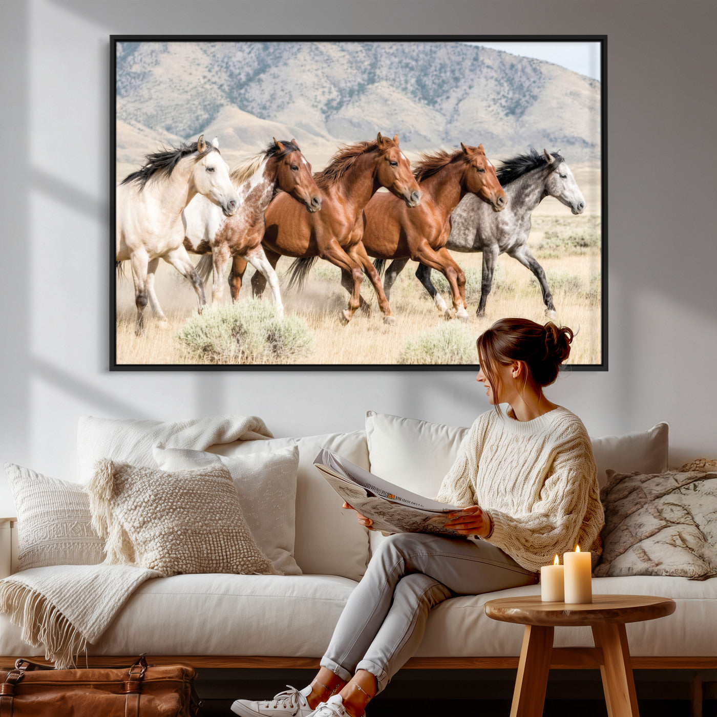 68345893-MGV-CV-36X24 - Five Mustangs Running Wild in Mountain Valley Wall Art Canvas Print - Rustic Western Decor
