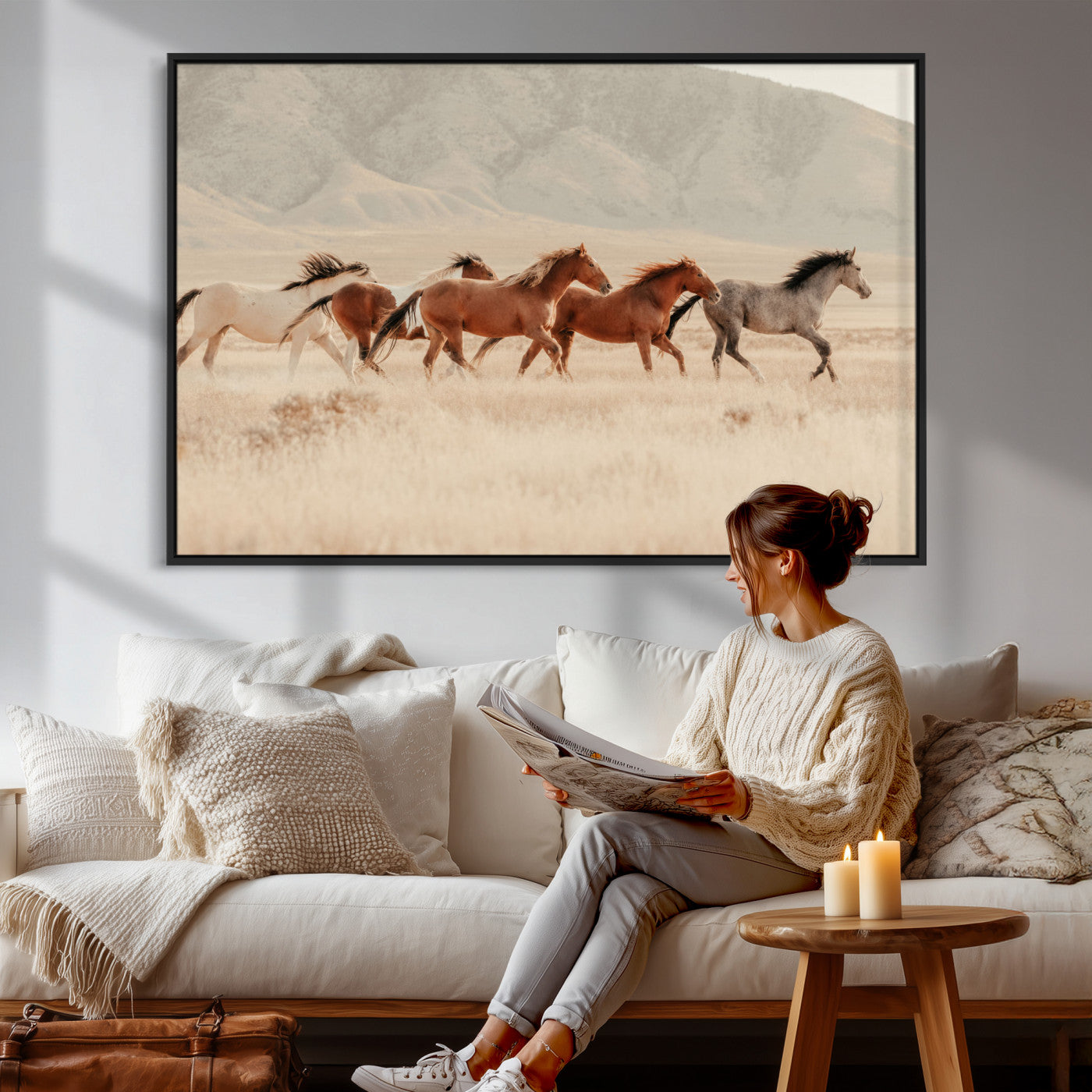 43348446-MGV-CV-36X24 - Herd of Wild Horses Running in Desert Mountain Wall Art Canvas Print - Boho Western Landscape