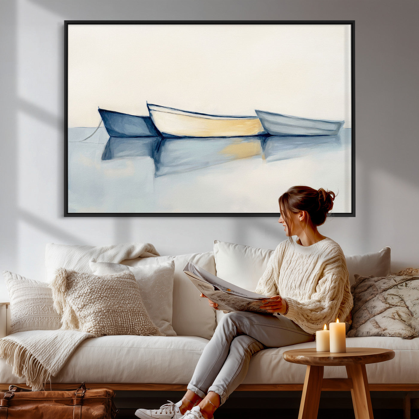 84017361-MGV-CV-36X24 - Abstract Three Boats Reflecting on Water Wall Art Canvas Print - Minimalist Coastal Seascape