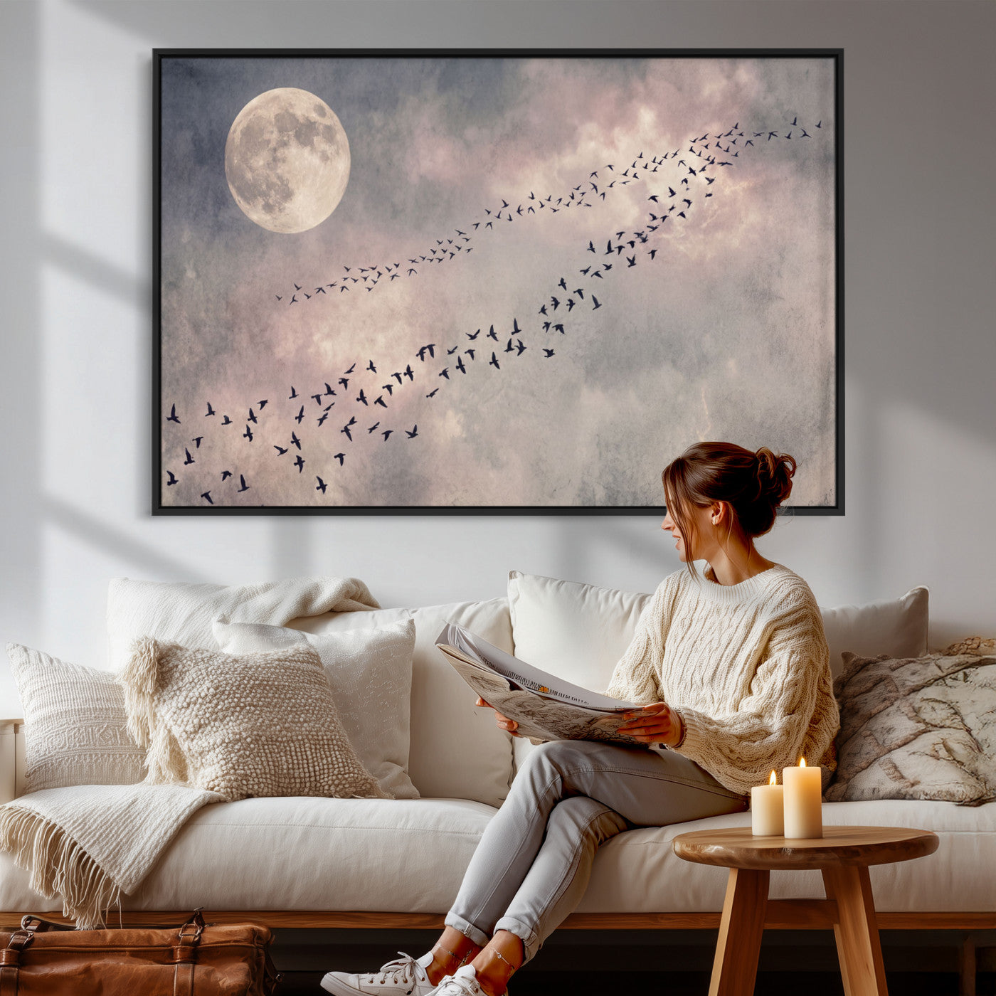 52339590-MGV-CV-36X24 - Birds Flying to Moon Wall Art Canvas Print - Vintage Surreal Night Sky Sky Print