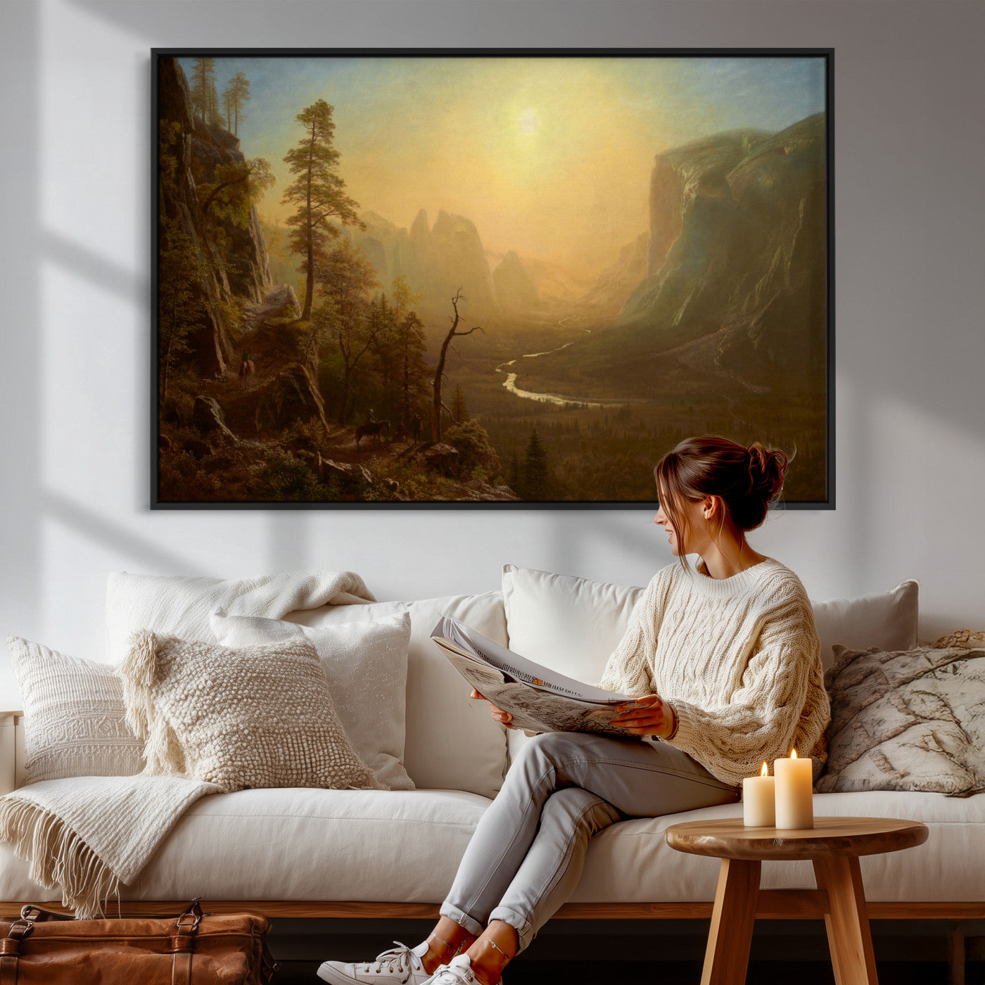 32350988-MGV-CV-36X24 - Albert Bierstadt Among the Sierra Nevada California Yosemite Wall Art Canvas Print, Classic Fine Art Painting Print
