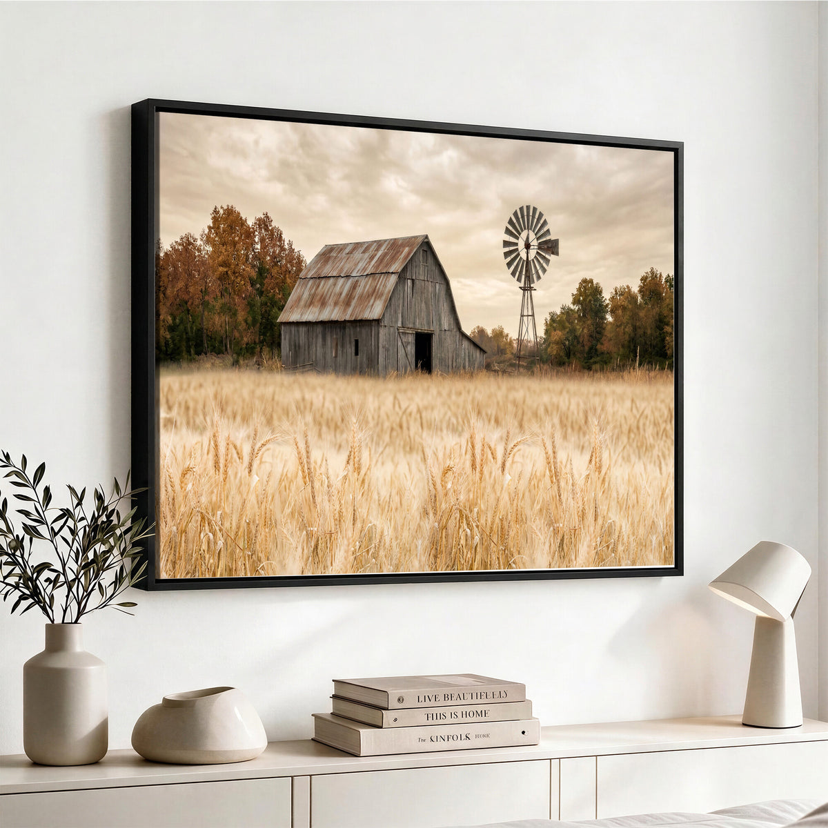 99640659-MGV-CV-36X24 - Rustic Farmhouse Barn and Windmill Wall Art Canvas Print, Country Landscape Photography Print