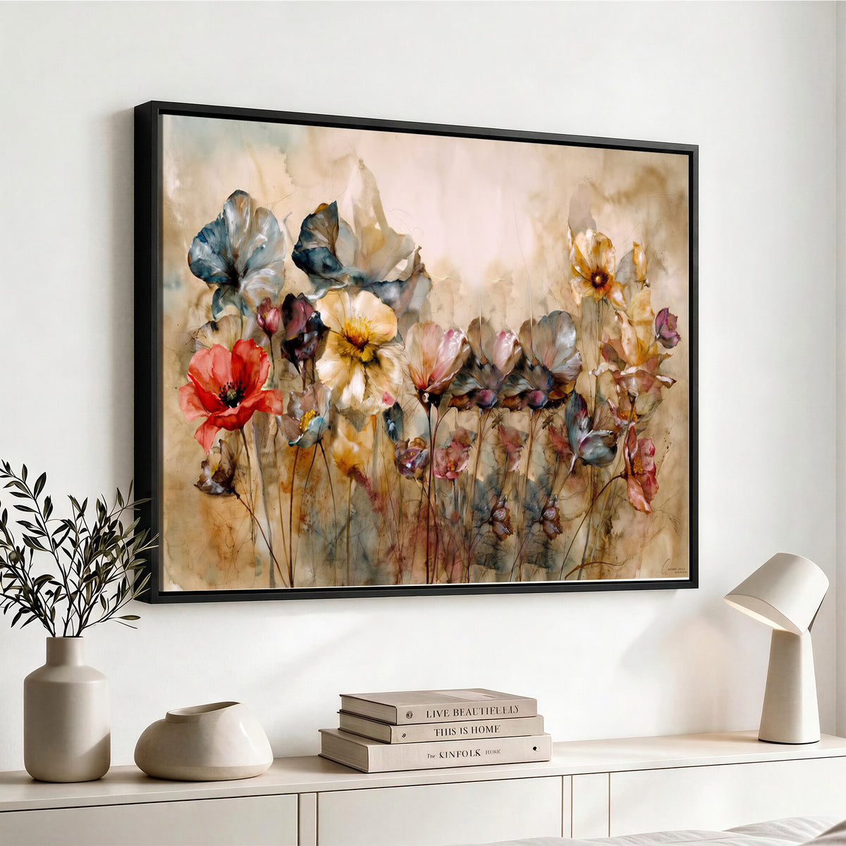 11407233-MGV-CV-36X24 - Vintage Dried Floral Meadow Wall Art Canvas Print, Translucent Watercolor Flowers Painting Print