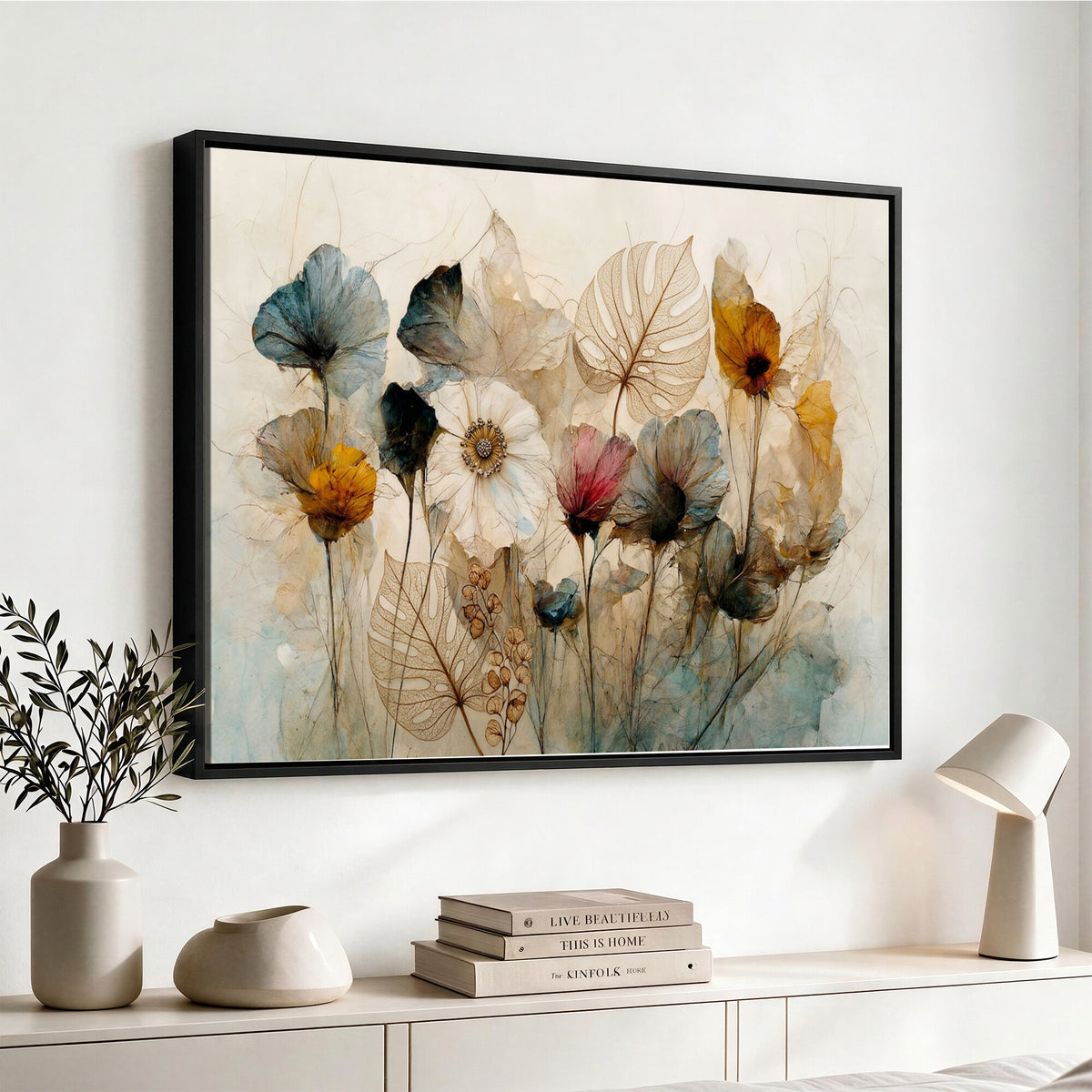 93171612-MGV-CV-36X24 - Vintage Dried Floral Meadow Wall Art Canvas Print, Translucent Watercolor Flowers Painting Print