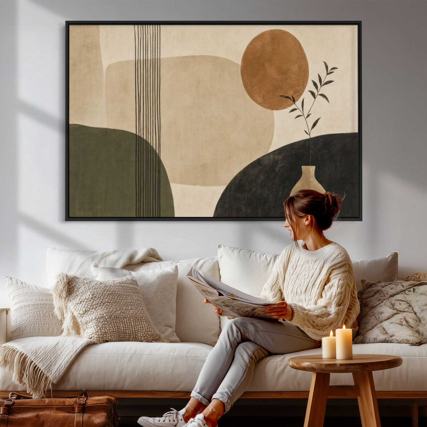 29113684-MGV-CV-36X24 - Japandi Minimalist Abstract Wall Art Canvas Print, Sage Green and Terracotta Sun Botanical Painting Print