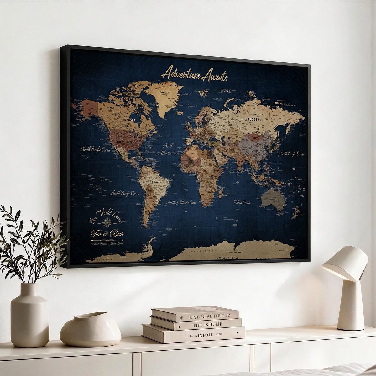 74477969-MGV-CV-36X24 - Custom Push Pin Travel Map Canvas Print, Family Travel Tracker, Study and Entryway Decor