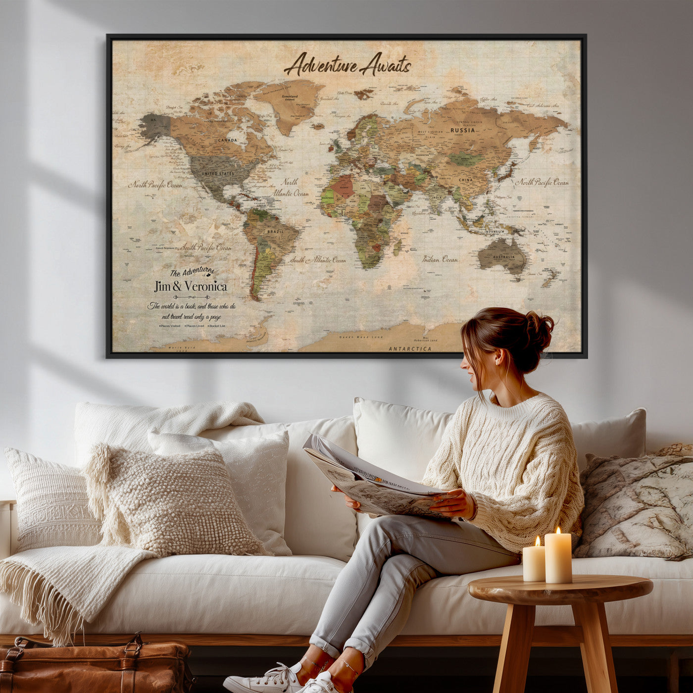 51298056-MGV-CV-36X24 - Custom Push Pin World Map Canvas | Personalized Travel Tracker | Wedding Anniversary Gift for Couples | Adventure Map Wall Art with Pins