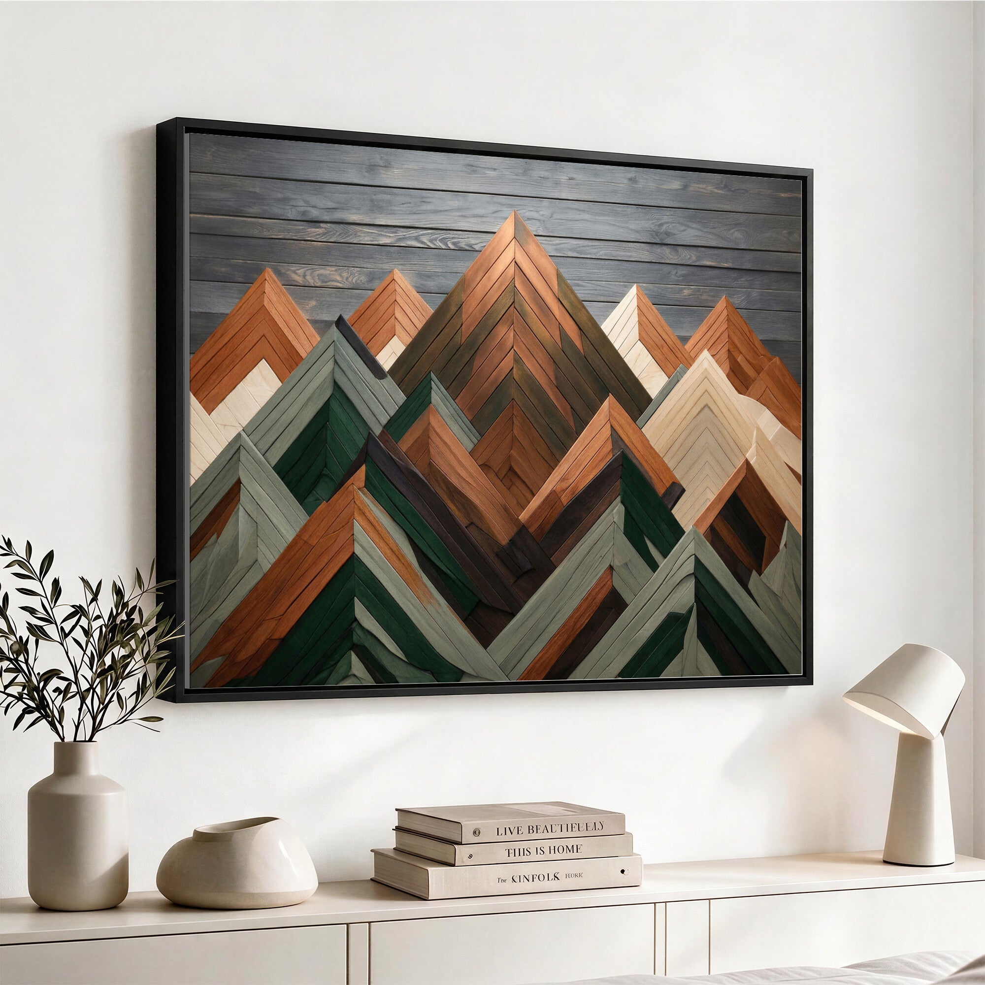 84617347-MGV-CV-36X24 - Geometric Wood Mountain Wall Art Canvas Print, 3D Look Rustic Mosaic Landscape Print