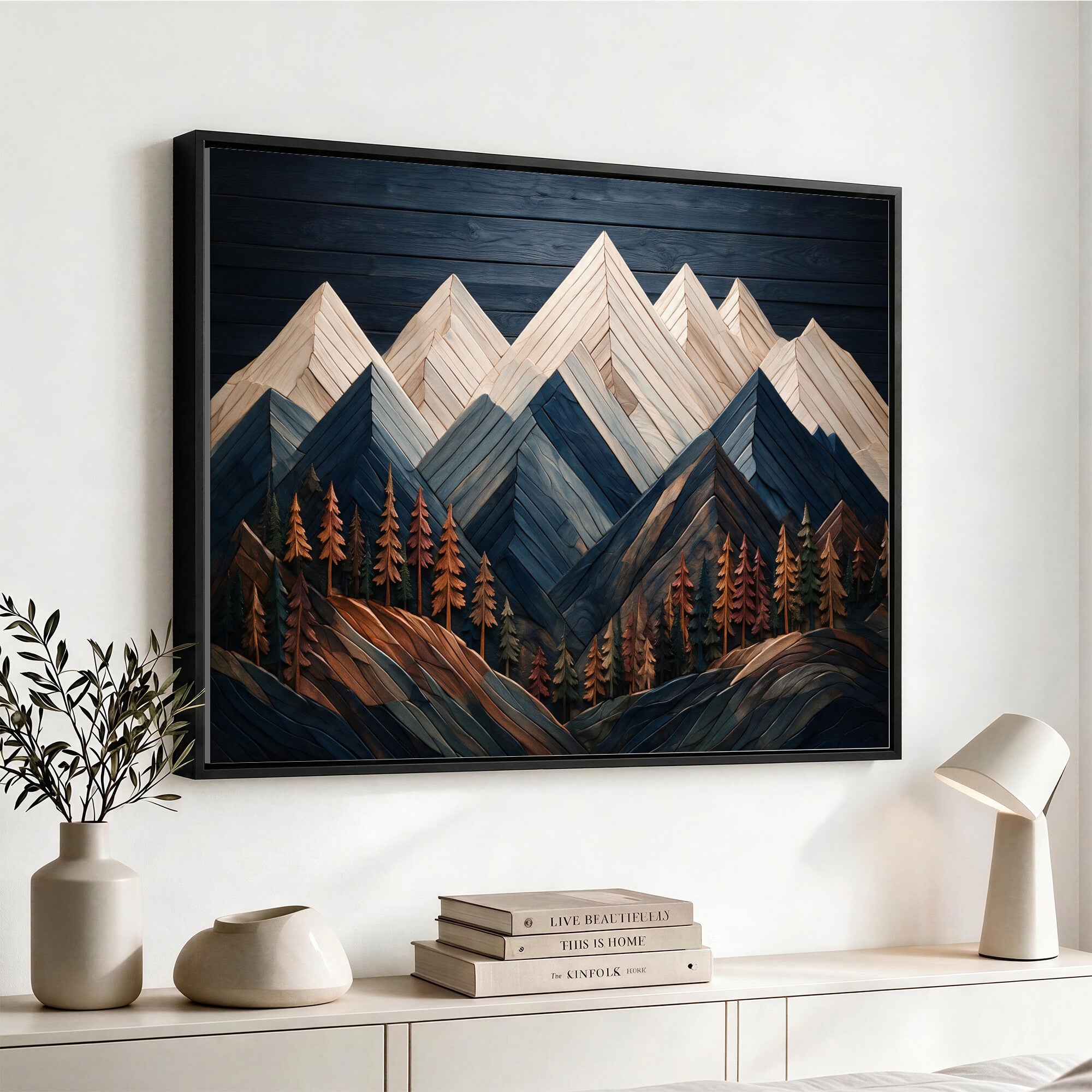 87765072-MGV-CV-36X24 - Geometric Wood Mountain Wall Art Canvas Print, 3D Look Rustic Mosaic Landscape Print