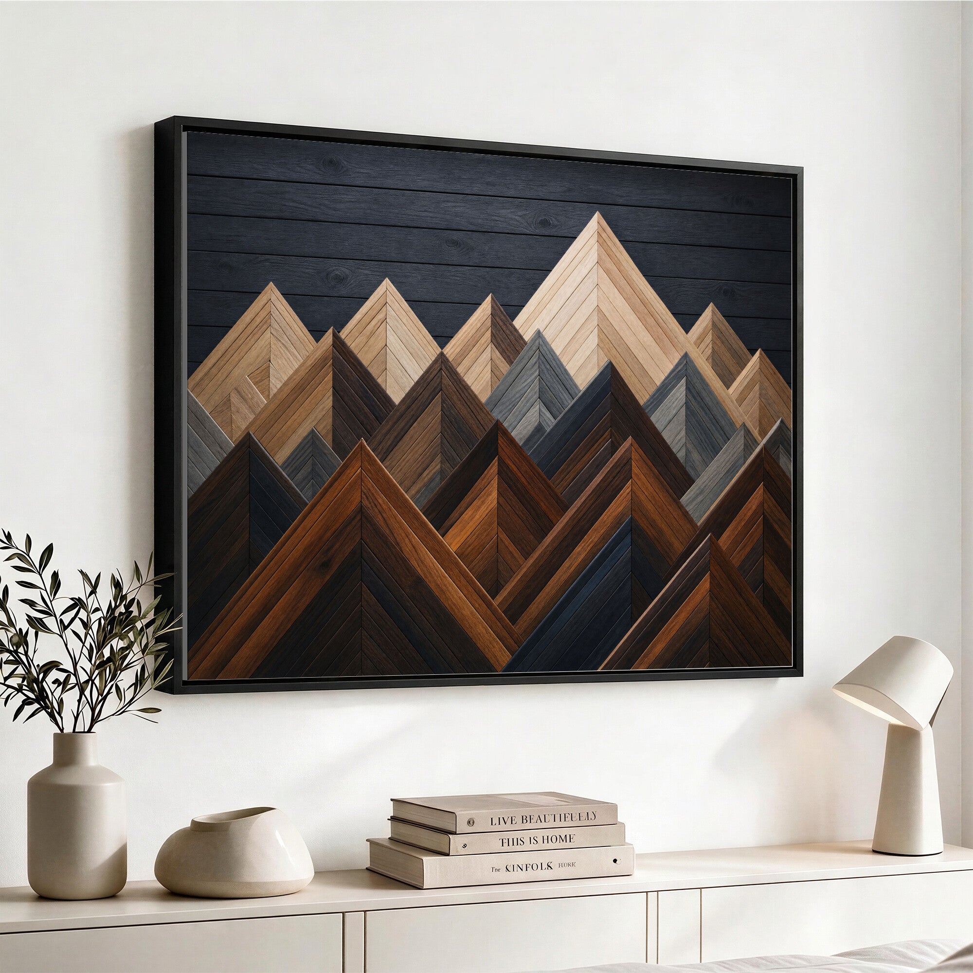 70531117-MGV-CV-36X24 - Geometric Wood Mountain Wall Art Canvas Print, 3D Look Rustic Mosaic Landscape Print