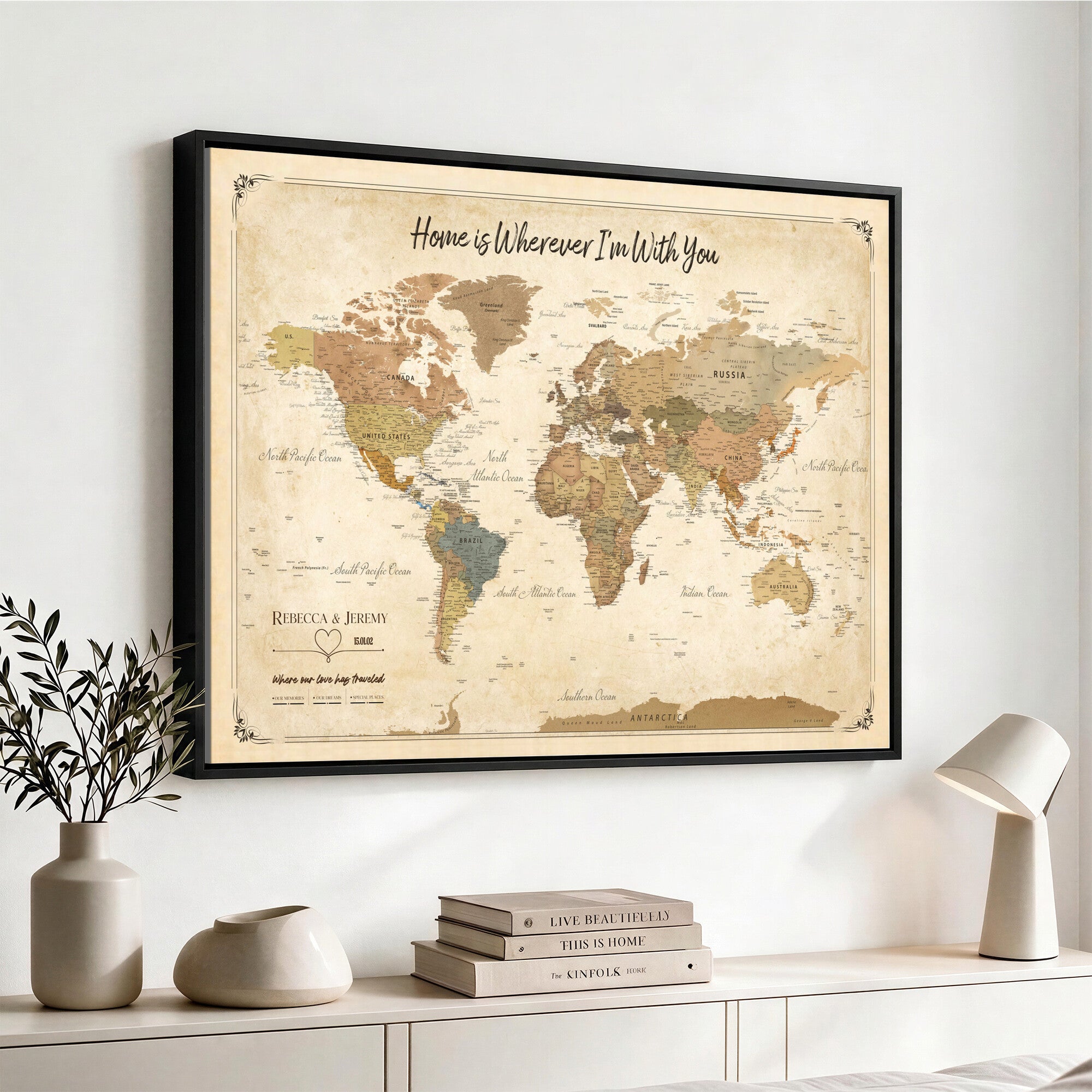 40086165SP-MGV-CV-36X24 - Custom Push Pin Travel Map Canvas Print, Cream Personalized Travel Tracker Map, Anniversary Gift, Vintage World Map Wall Art