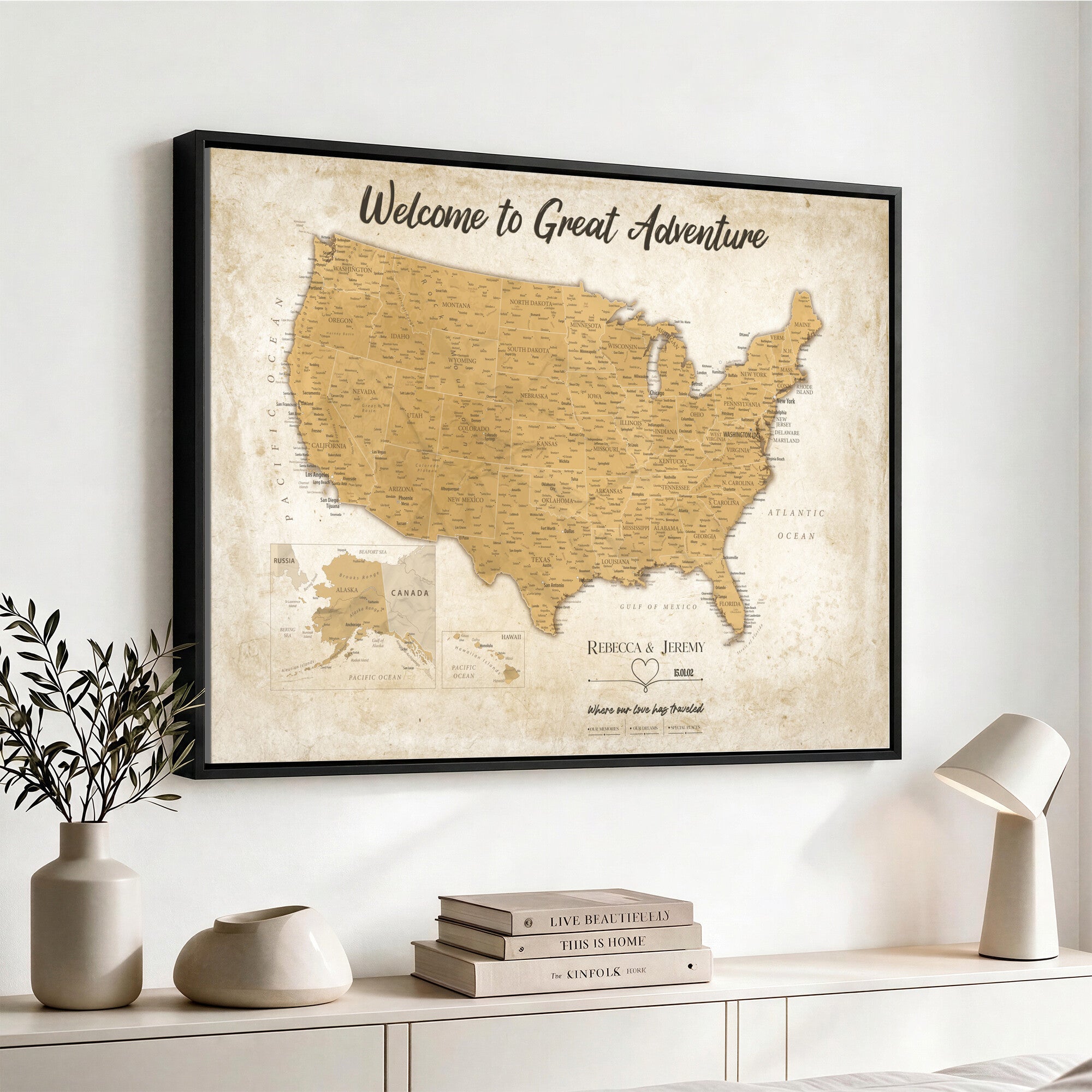 81437082-MGV-CV-36X24 - Custom Push Pin Travel USA Map Canvas Print, Cream Personalized Travel Tracker America Map, Anniversary Traveler Gift