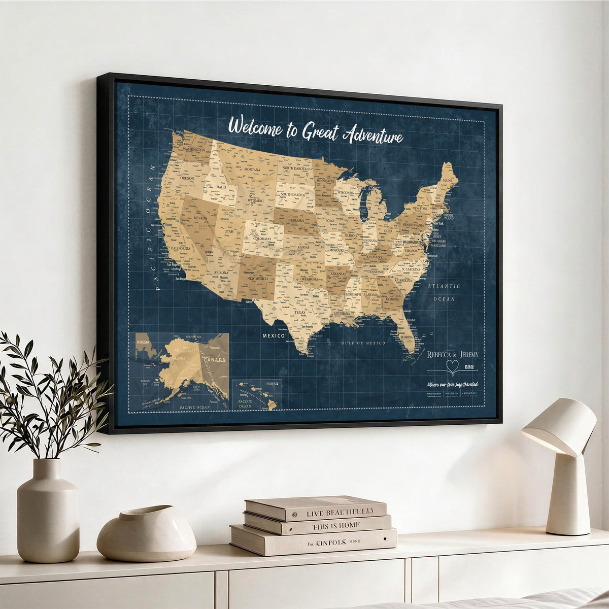 58851035-MGV-CV-36X24 - Custom Cream Push Pin USA Map Canvas Print, 50 State Bucket List Map, Family Room and Hallway Decor