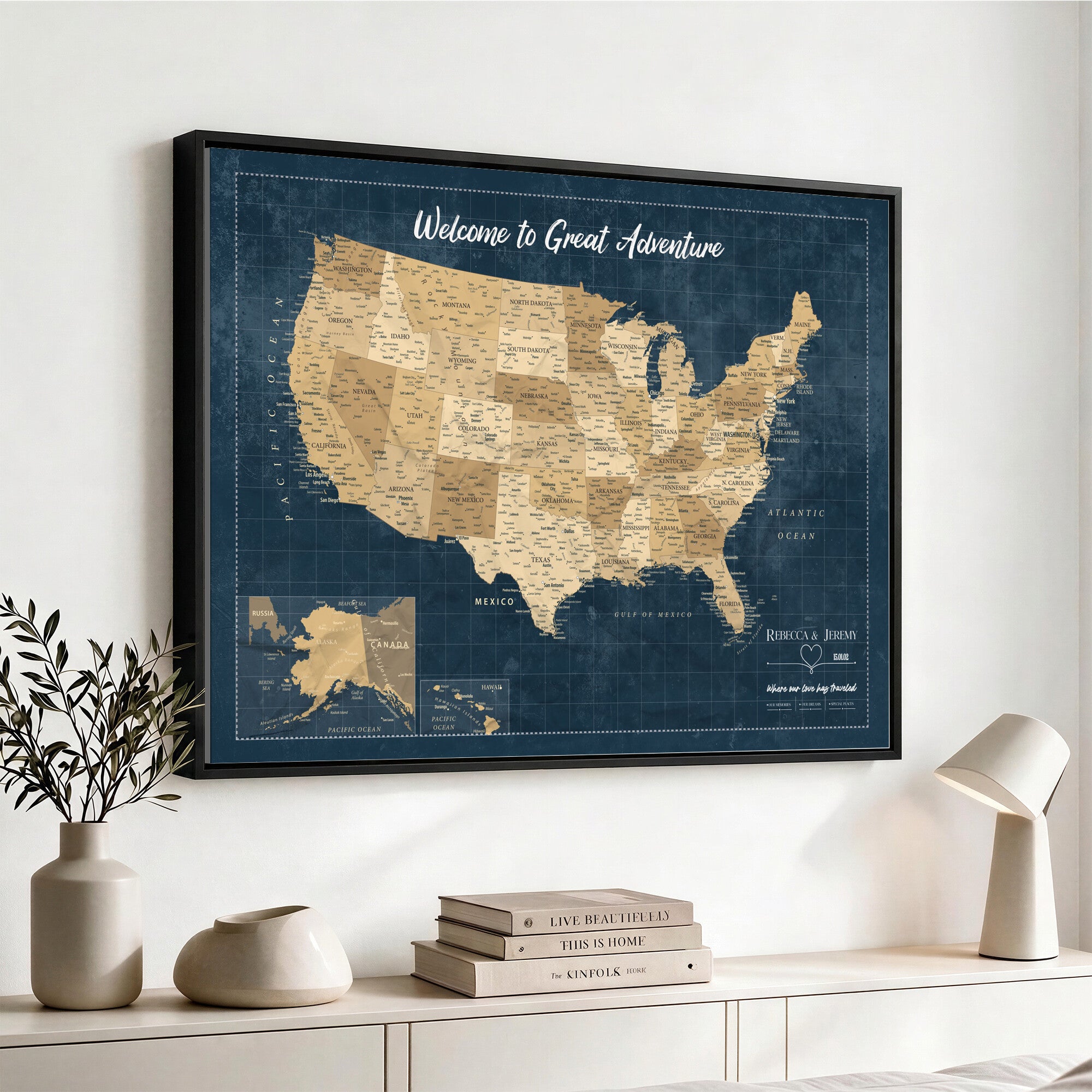 58851035-MGV-CV-36X24 - Custom Push Pin Travel USA Map Canvas Print, Cream Personalized Travel Tracker America Map, Anniversary Traveler Gift