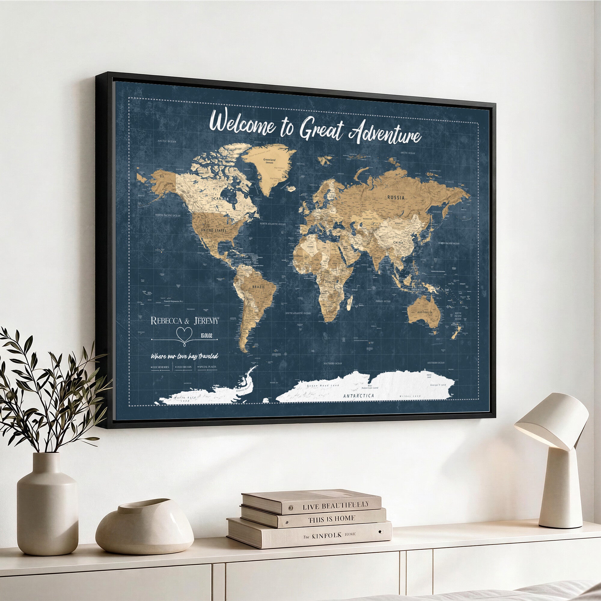 57167164-MGV-CV-36X24 - Custom Push Pin Travel Map Canvas Print, Cream Personalized Travel Tracker Map, Anniversary Gift, Vintage World Map Wall Art