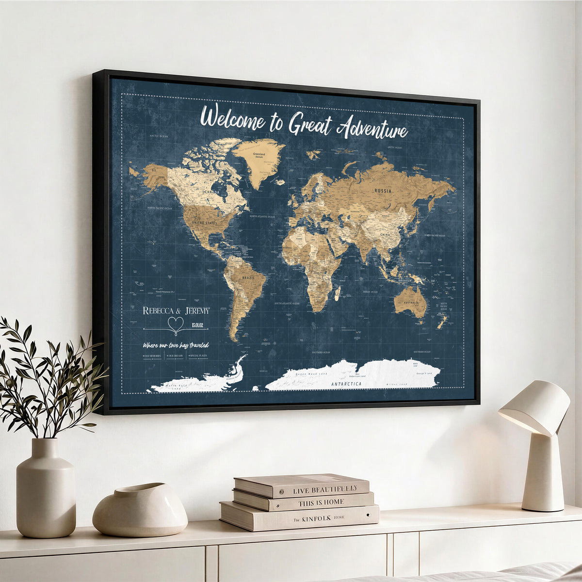 57167164-MGV-CV-36X24 - Custom Push Pin Travel Map Canvas Print, Cream Personalized Travel Tracker Map, Anniversary Gift, Vintage World Map Wall Art