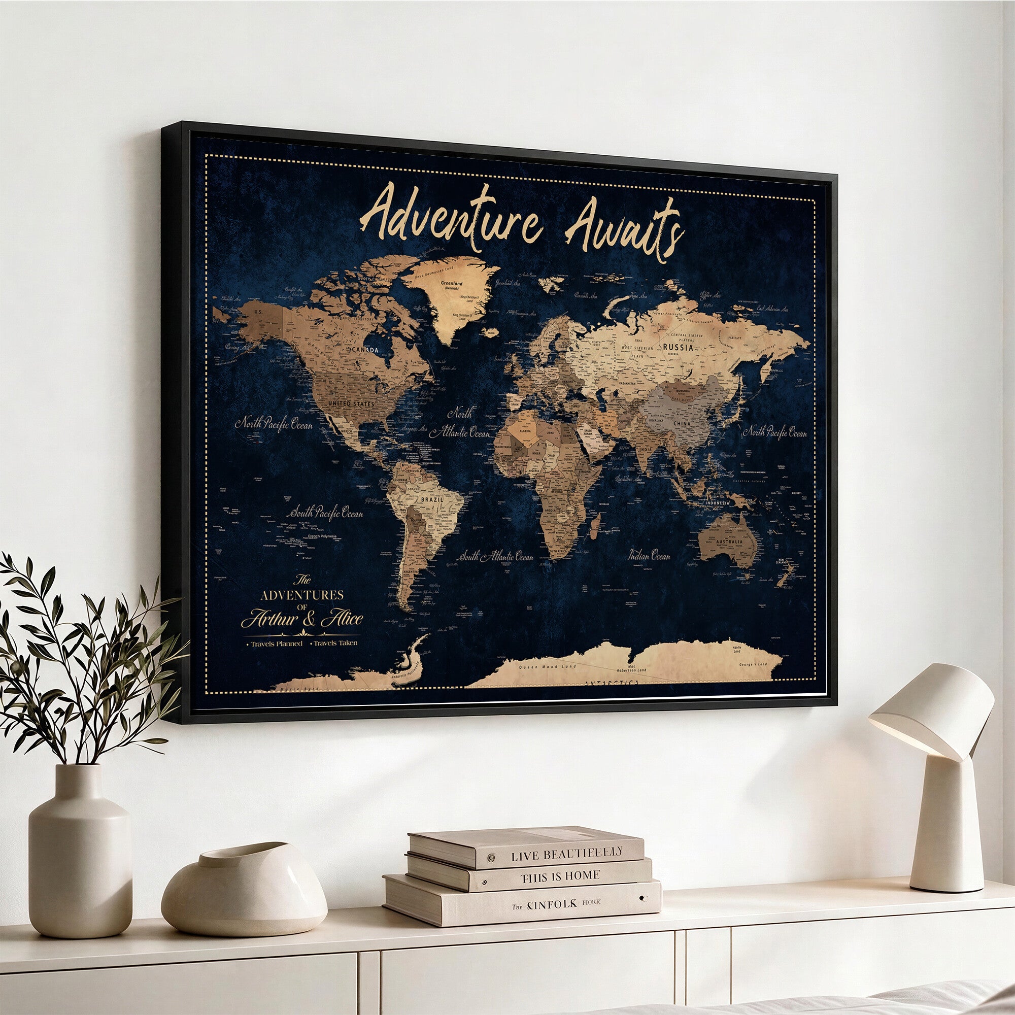57167164-MGV-CV-36X24 - Custom Push Pin Travel Map Canvas Print, Navy Blue Personalized Travel Tracker Map, Anniversary Gift, Vintage World Map Wall Art