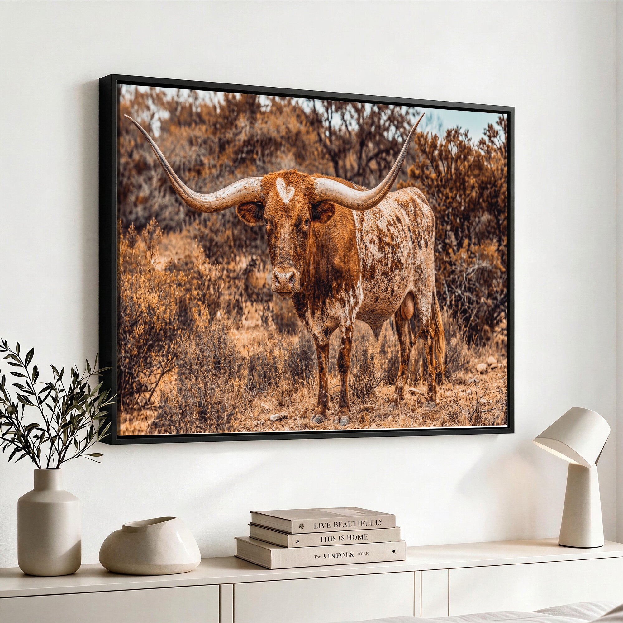 62076449-MGV-CV-36X24 - Texas Cow Bull Longhorn Print for Western Wall Art Decor for Farmhouse