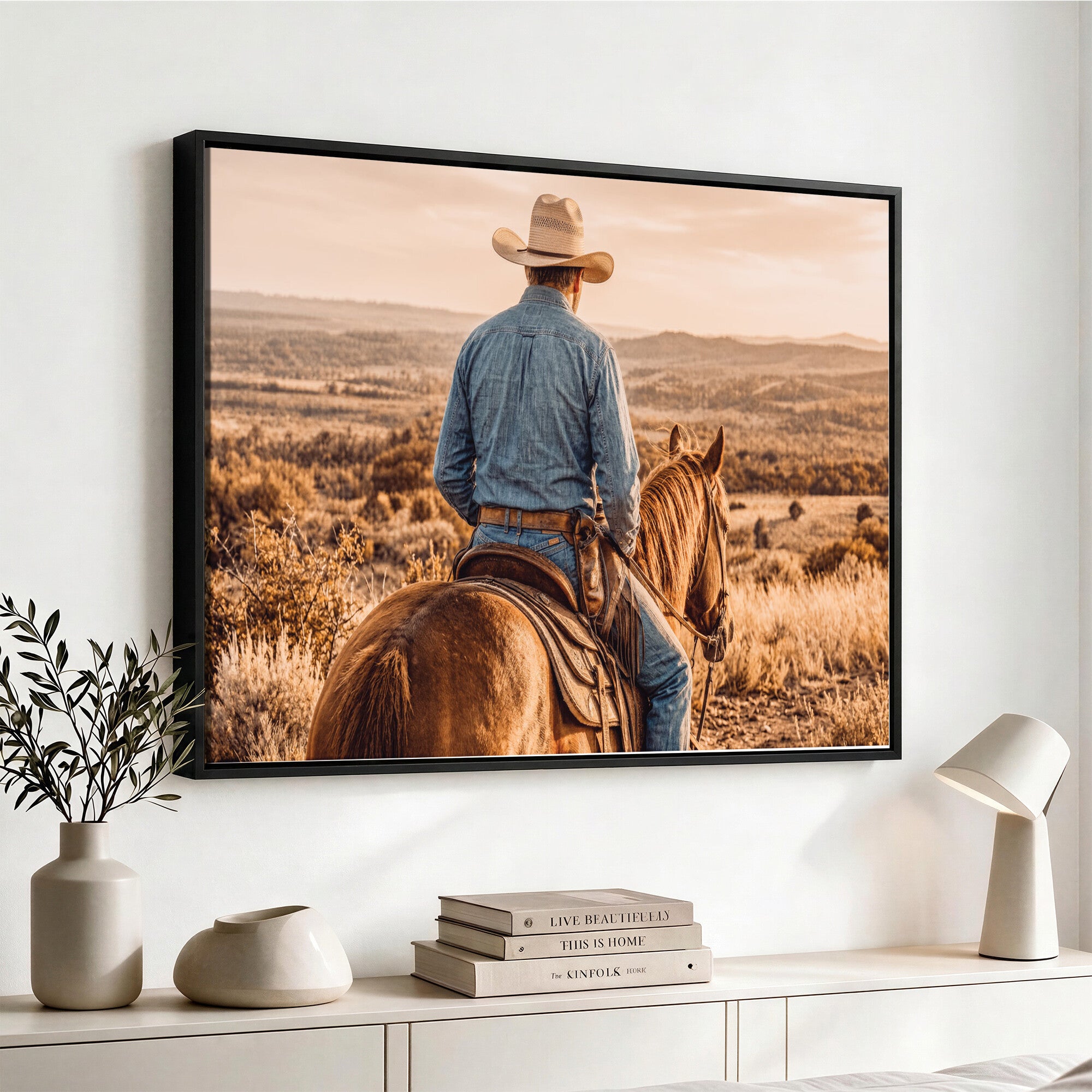 62076449-MGV-CV-36X24 - Texas Cowboy and Horse Print for Western Wall Art Decor for Farmhouse