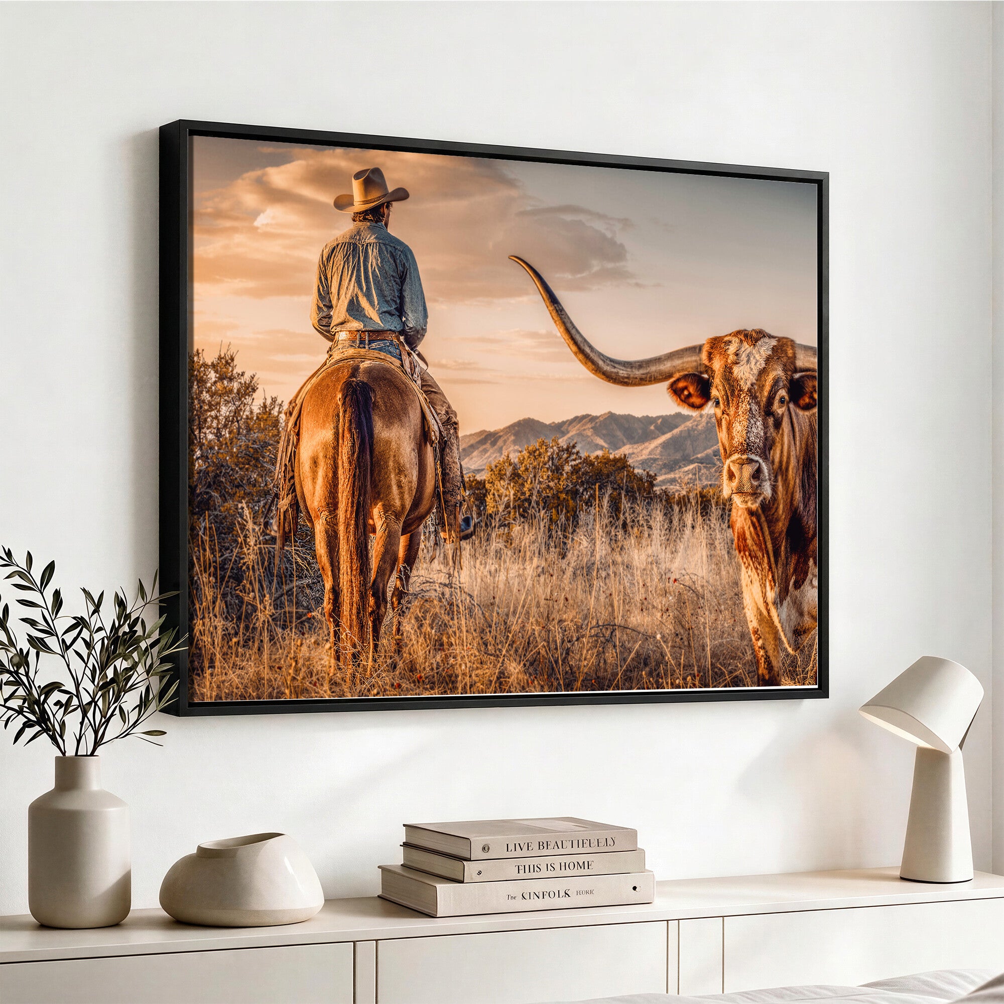 62076449C-MGV-CV-36X24 - Texas Cowboy and Longhorn Bull Print for Western Wall Art Decor for Farmhouse