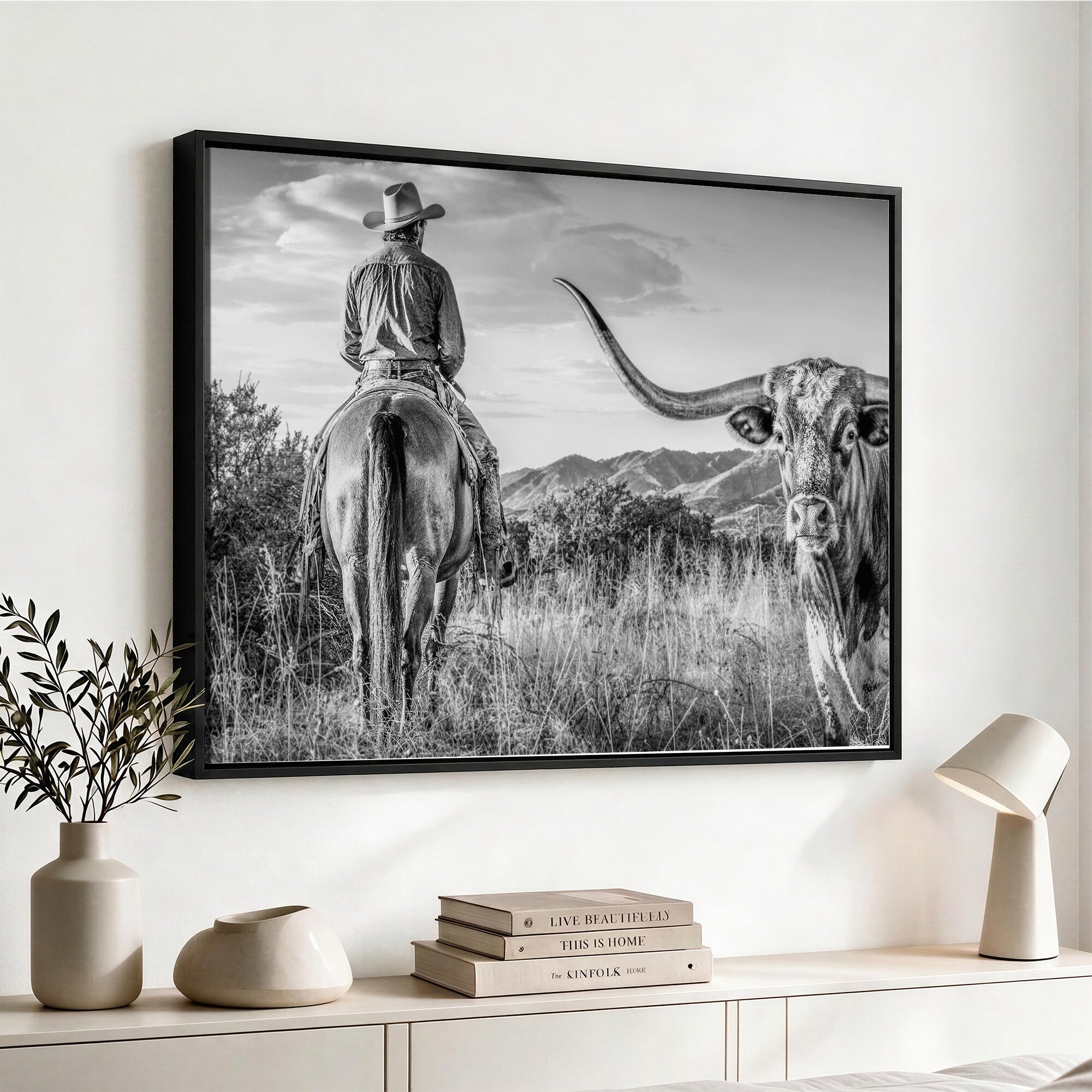 62076449WB-MGV-CV-36X24 - Texas Cowboy and Longhorn Bull Print for Western Wall Art Decor for Farmhouse