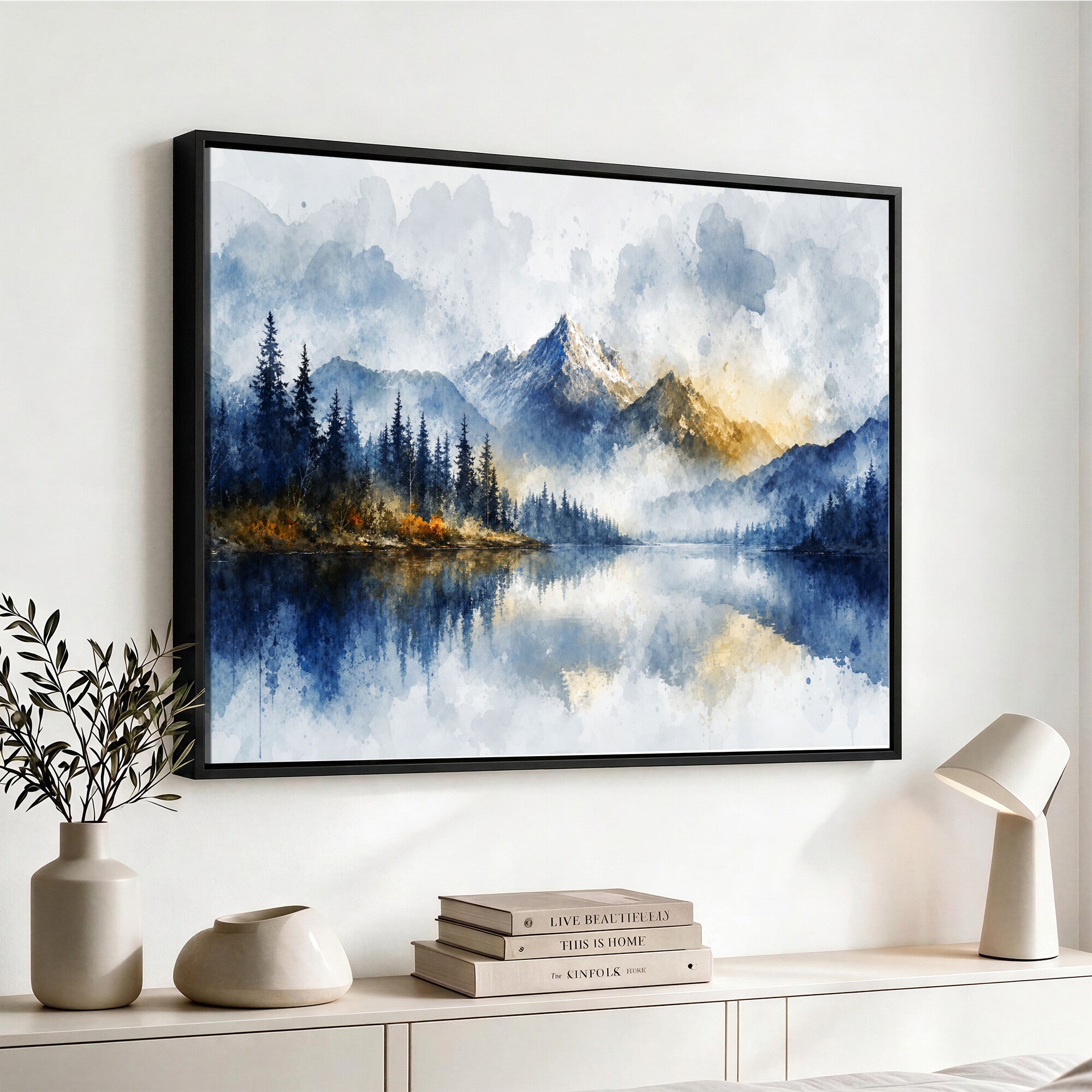 62076449DG-MGV-CV-36X24 - Abstract Watercolor Mountain Lake Wall Art Print for Living Room Decor