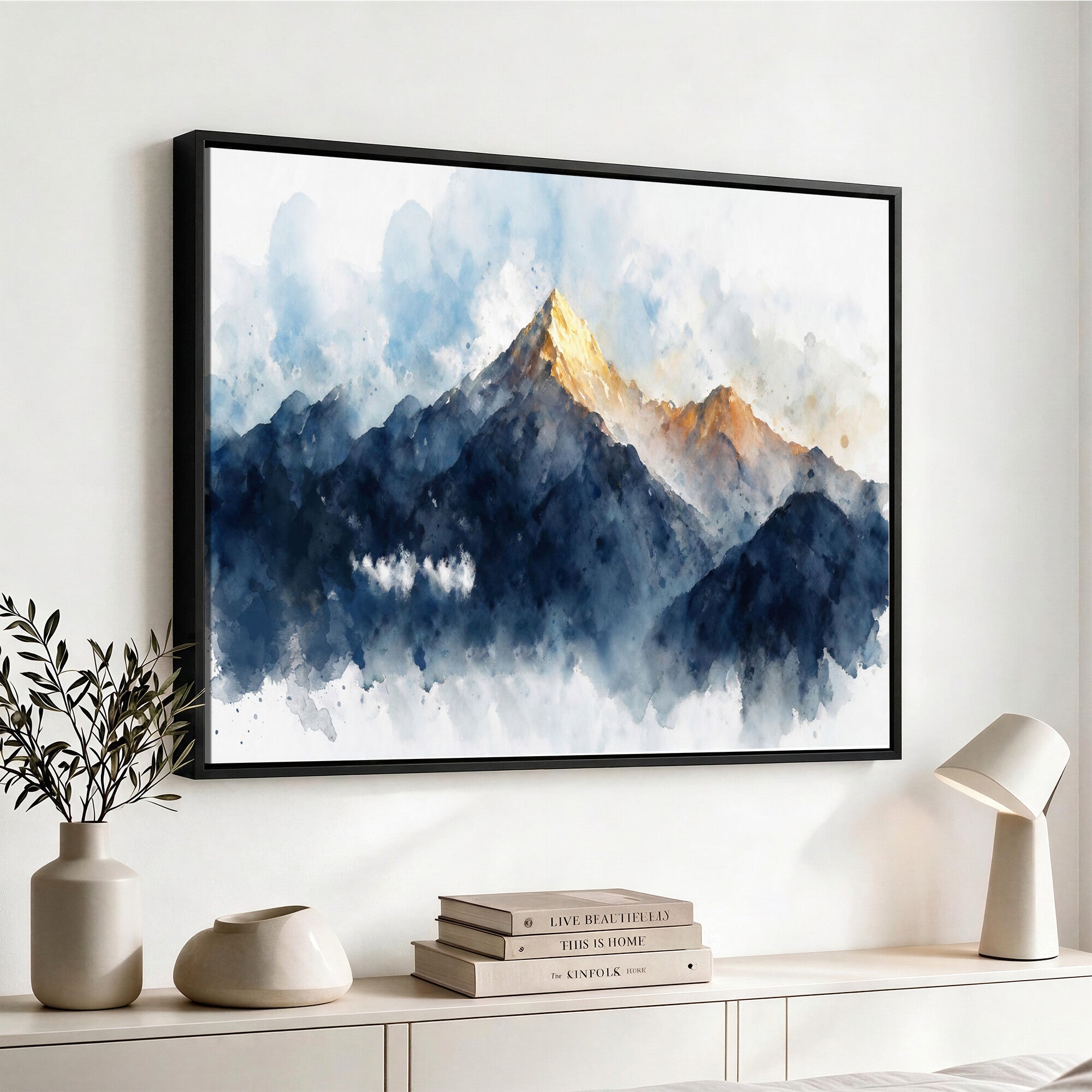 62076449DG1-MGV-CV-36X24 - Abstract Watercolor Mountain Lake Wall Art Print for Living Room Decor