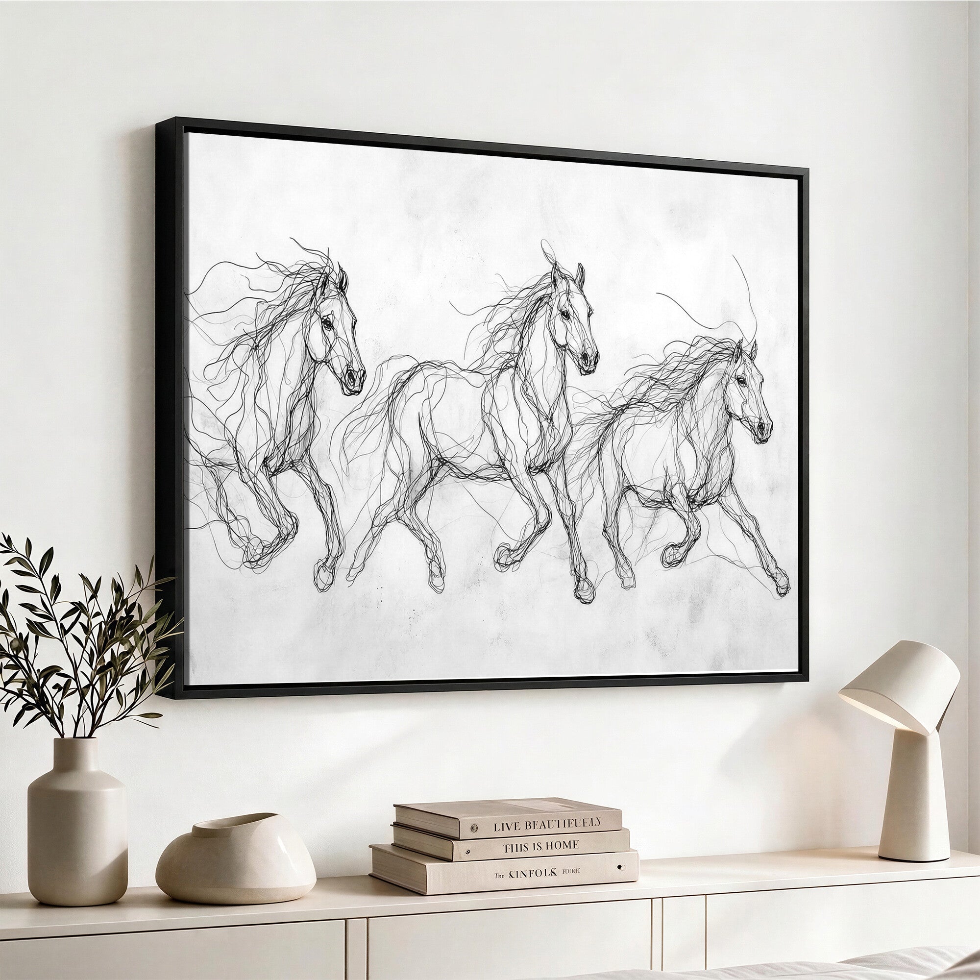 53600119-MGV-CV-36X24 - Monochrome Horse Canvas Wall Art, Black Ink Sketch Wild Horses Print, Minimalist Equestrian Artwork, Modern Abstract Line Decor, Urban Loft Gift