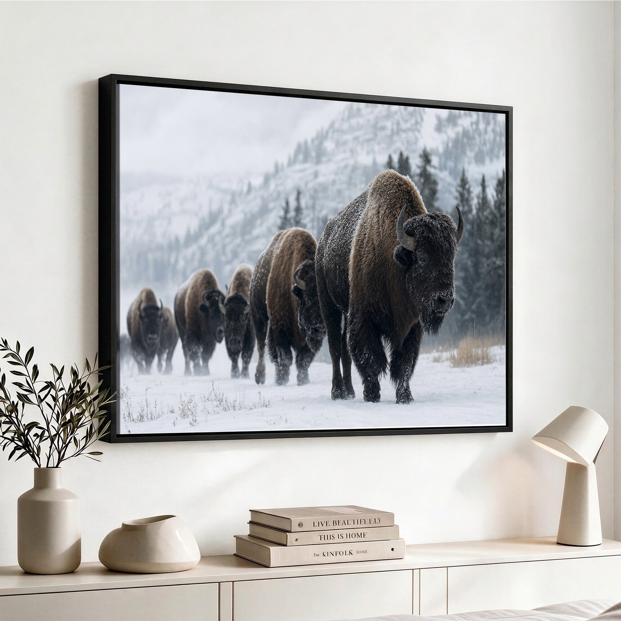18343289-MGV-CV-36X24 - Rustic Bison Wall Art, American Buffalo Photo Print, Wildlife Canvas Artwork, Snowy Mountain Decor, Large Nature Poster, Cabin Gift Idea