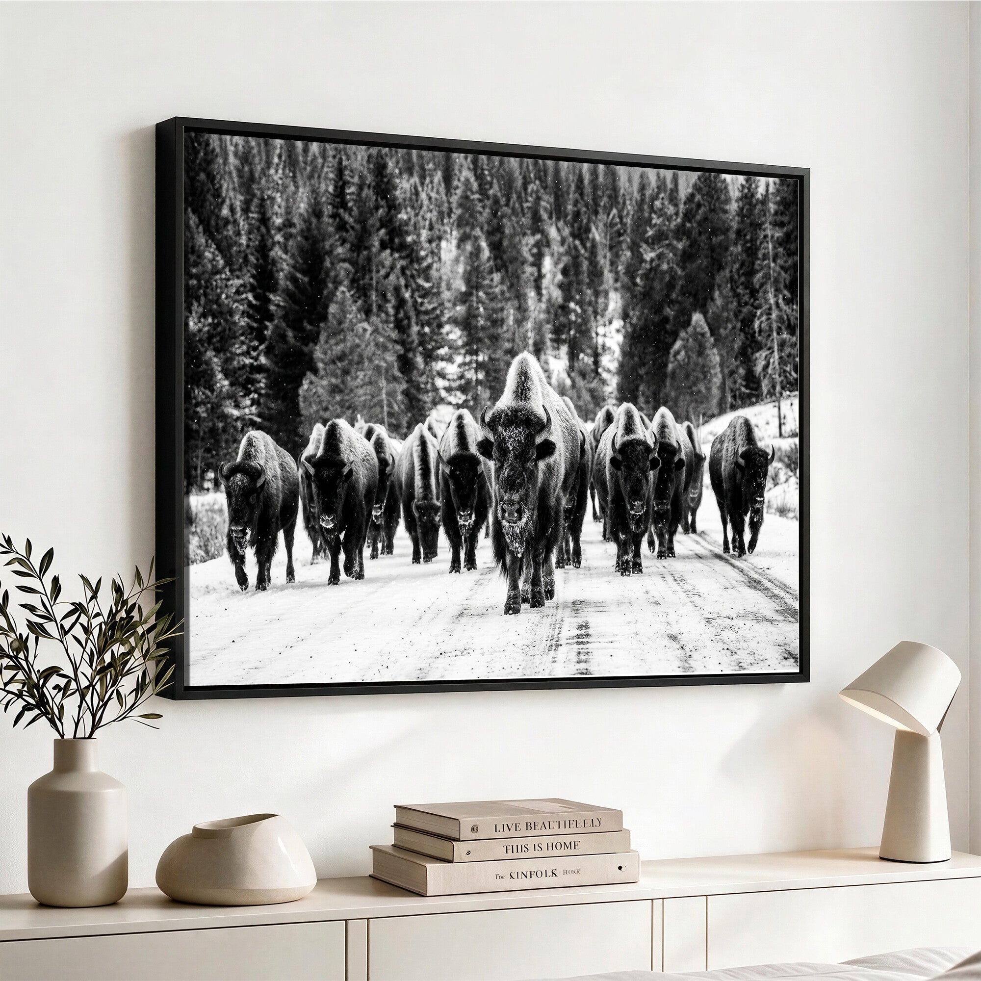 79337077-MGV-CV-36X24 - Black and White Bison Canvas Art, American Buffalo Print, Winter Wildlife Photography, Rustic Forest Wall Decor, Large Statement Nature Gift