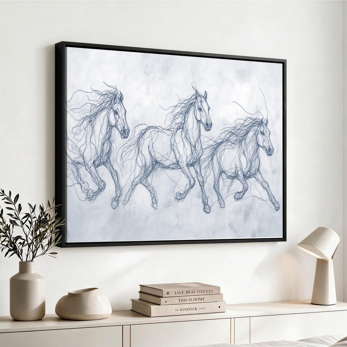 41163601-MGV-CV-36X24 - Indigo Blue Horse Line Art Canvas, Steel Grey Wild Horses Print, Abstract Navy Scribble Artwork, Modern Slate Equine Wall Decor, Coastal Ranch Gift