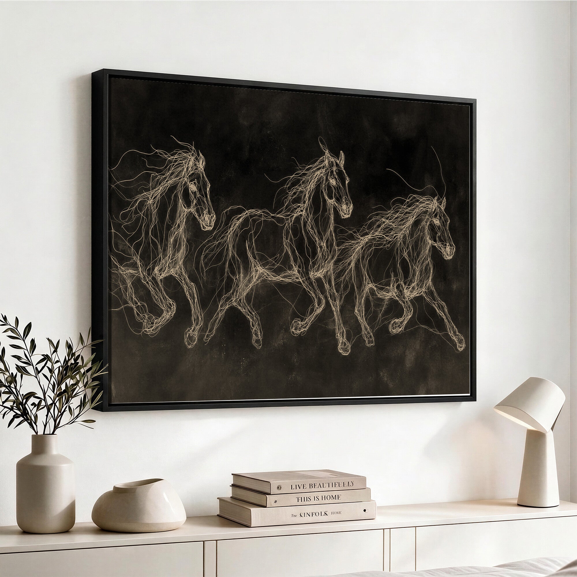 15344242-MGV-CV-36X24 - Dark Horse Line Art Canvas, Gold Scribble Wild Horses Print, Black Chalkboard Wall Art, Modern Luxury Equine Decor, Masculine Office Gift