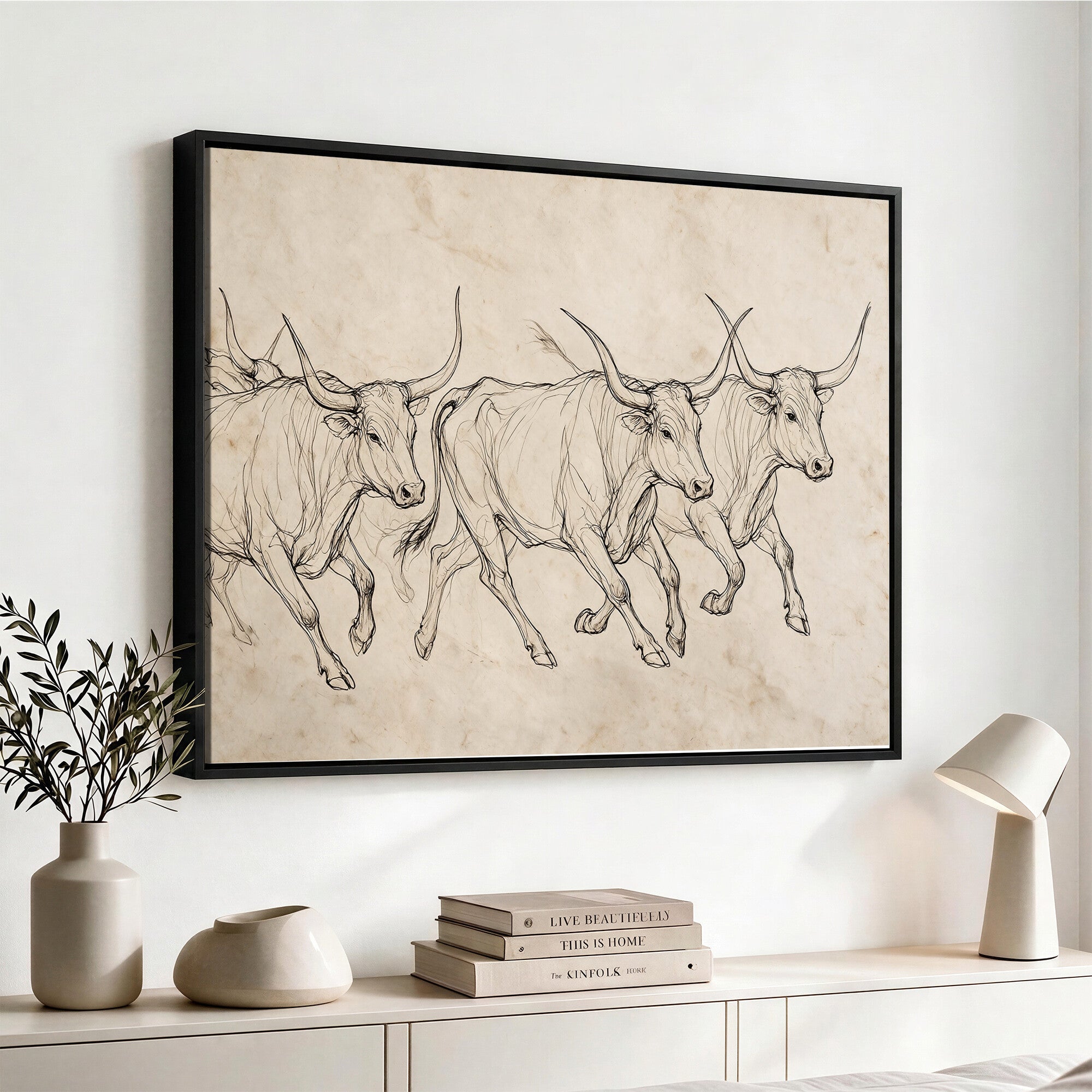 87177621-MGV-CV-36X24 - Minimalist Longhorn Line Art, Modern Texas Bull Canvas Print, Abstract Western Wall Decor, Continuous Line Artwork, Black White Ranch Gift