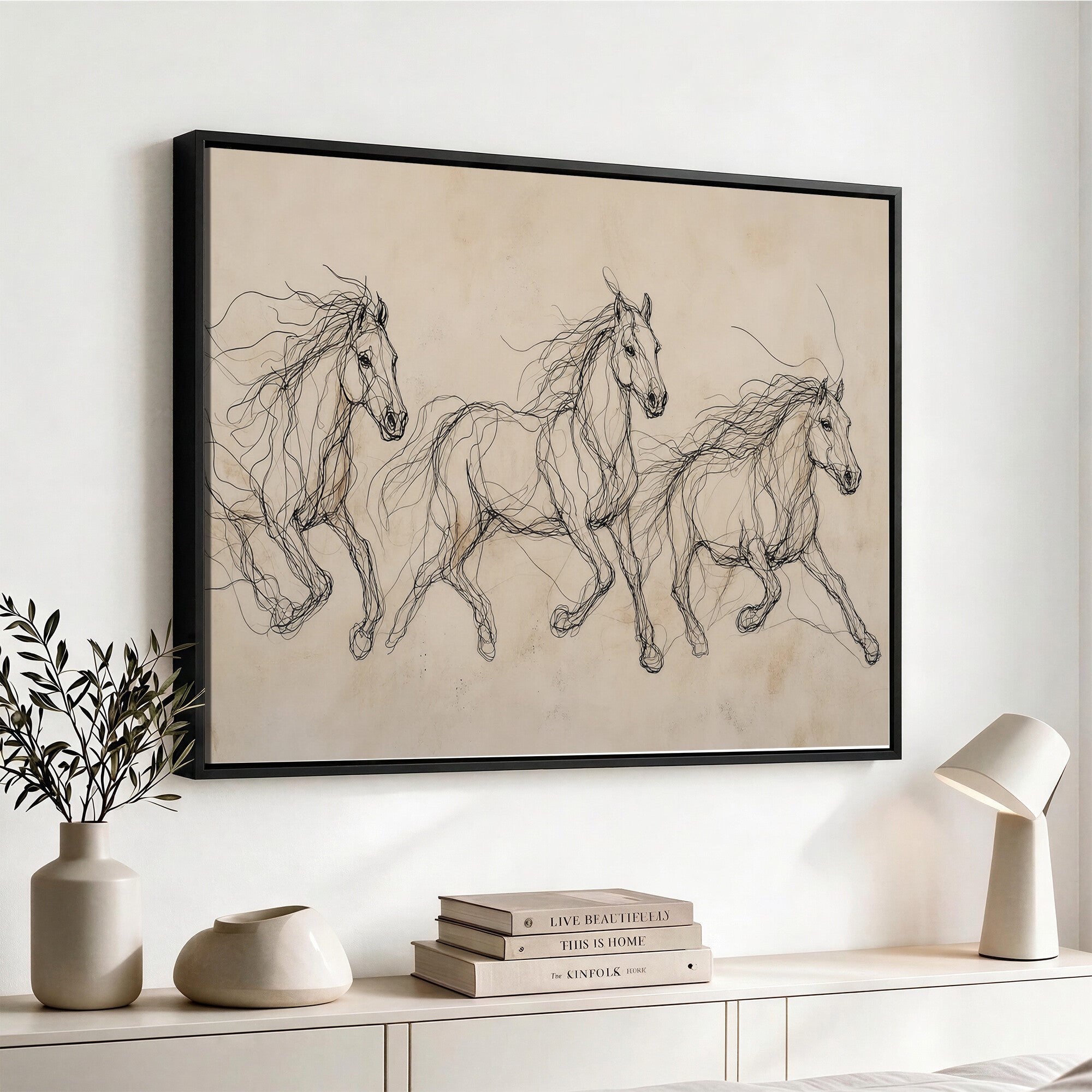 81051673-MGV-CV-36X24 - Abstract Horse Line Art Canvas, Gesture Sketch Wild Horses Print, Modern Scribble Artwork, Minimalist Equine Wall Decor, Rustic Studio Gift