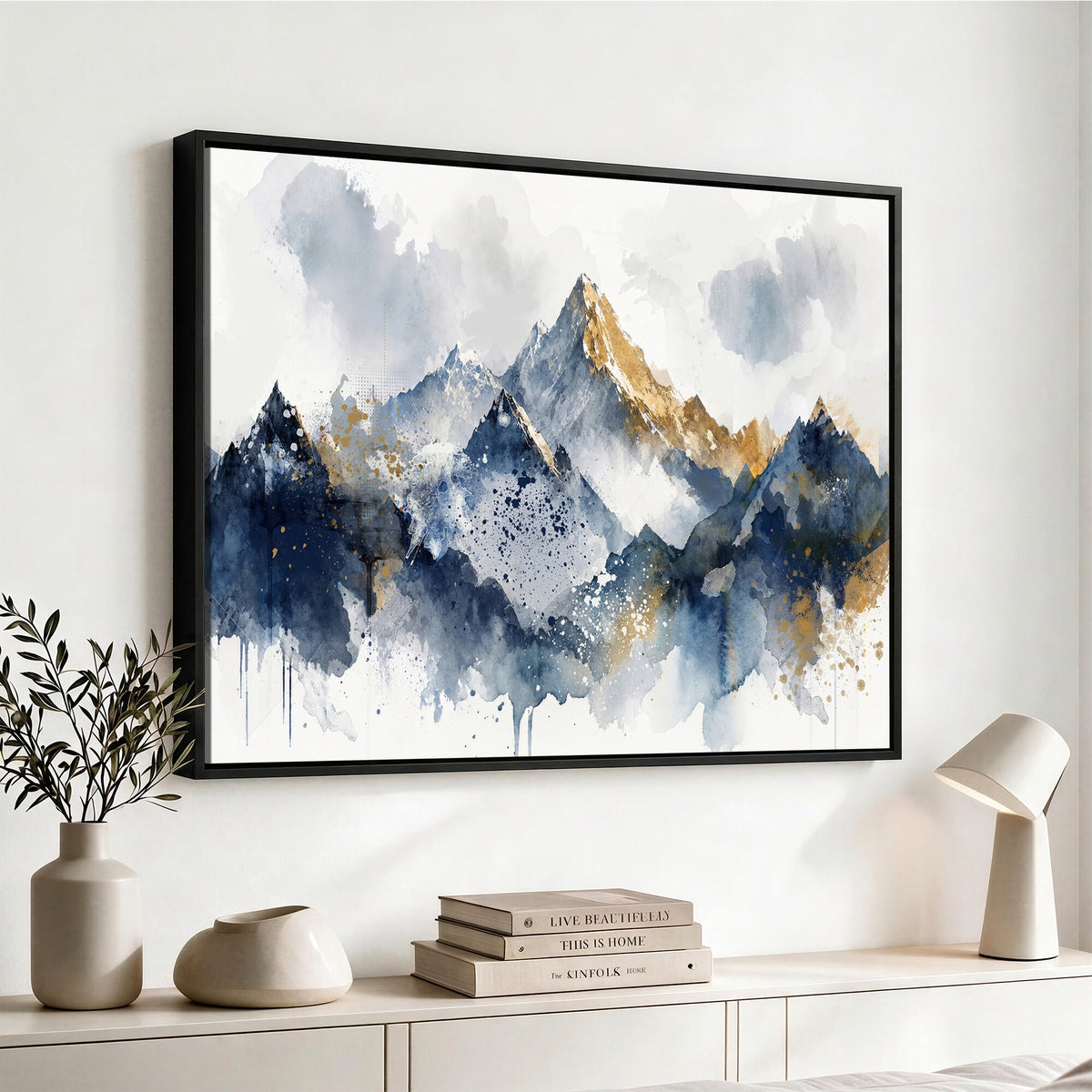 87460616-MGV-CV-36X24 - Abstract Mountain Canvas Wall Art, Blue Gold Foil Landscape Print, Modern Indigo Wall Decor