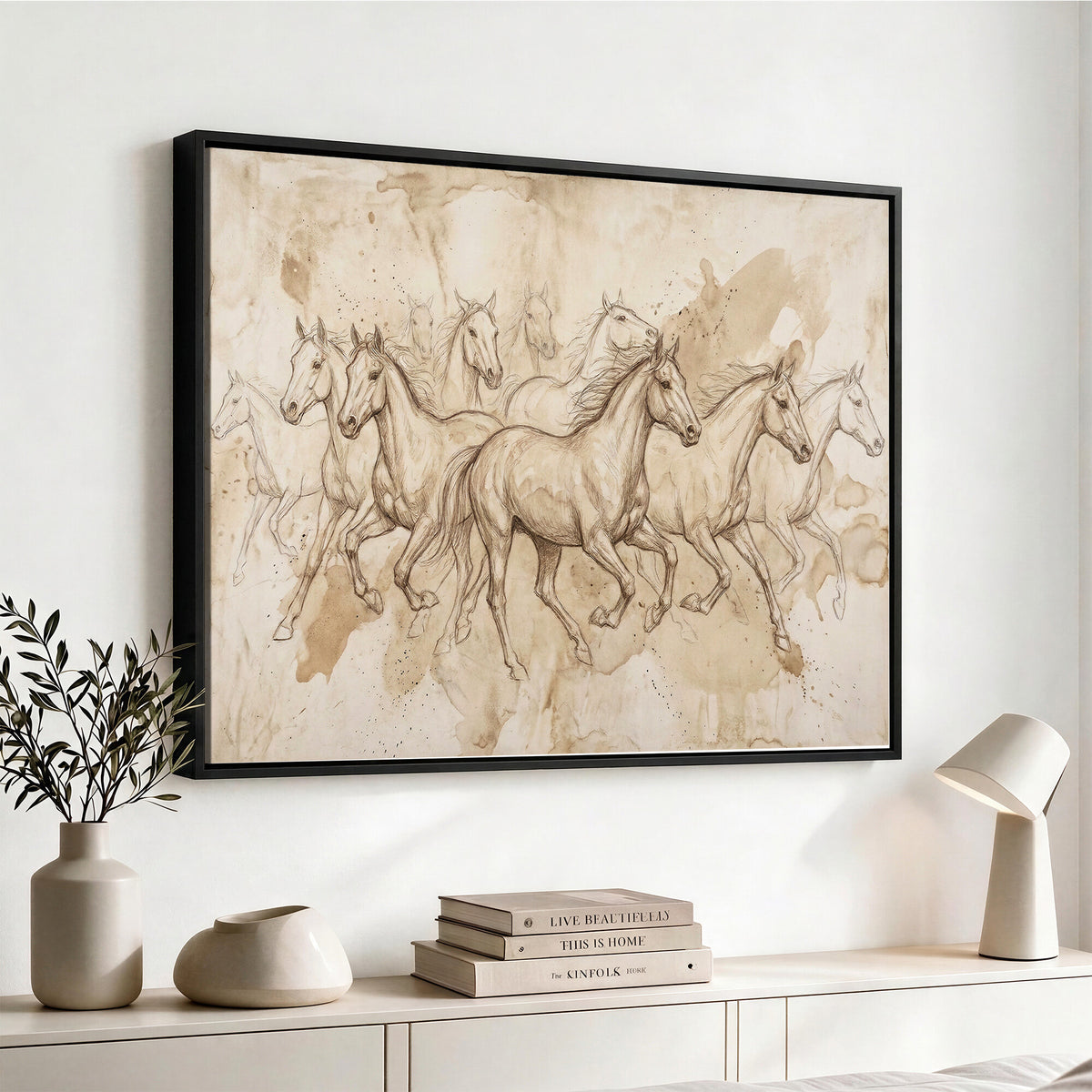 52233469-MGV-CV-36X24 - Vintage Horse Sketch Canvas Wall Art, Wild Horses Pencil Drawing Print, Antique Parchment Western Decor, Equine Sketching, Country Manor Gift