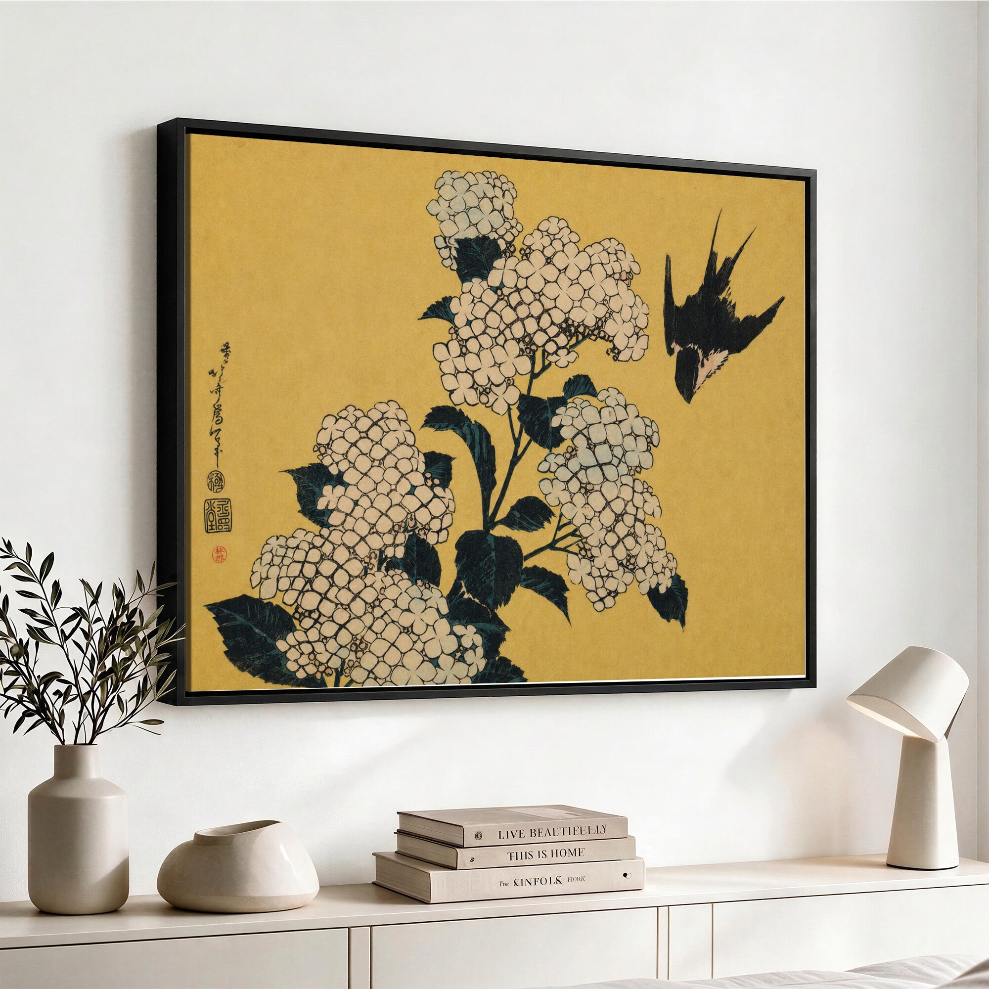 92483501-MGV-CV-36X24 - Katsushika Hokusai Hydrangea and Swallow Wall Art Canvas Print, Japanese Woodblock Painting Print