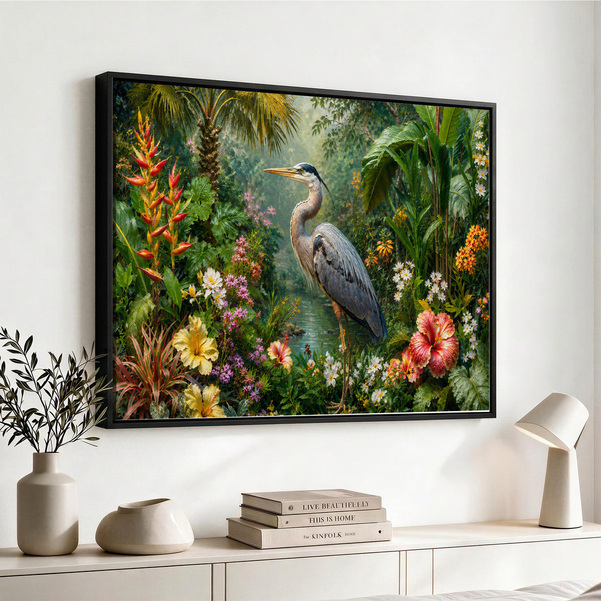 81059387-MGV-CV-36X24 - Great Blue Heron Tropical Jungle Wall Art Canvas Print, Exotic Botanical Garden Painting Print