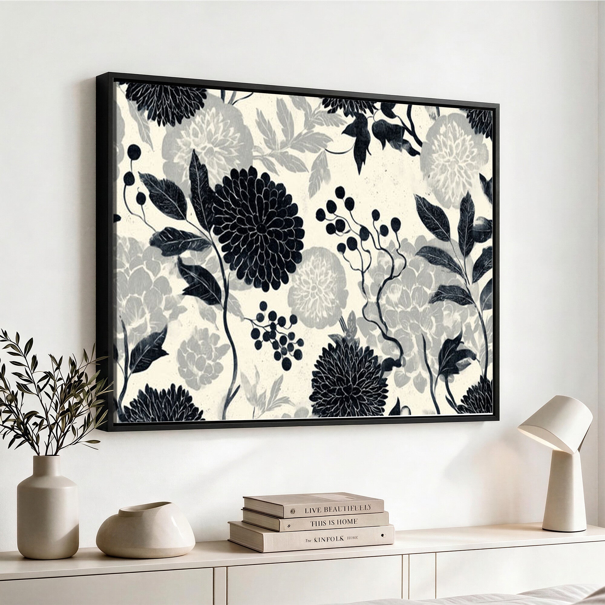 61524791-MGV-CV-36X24 - Vintage Black Chrysanthemum Wall Art Canvas Print, Monochrome Dhalia Floral Painting Print