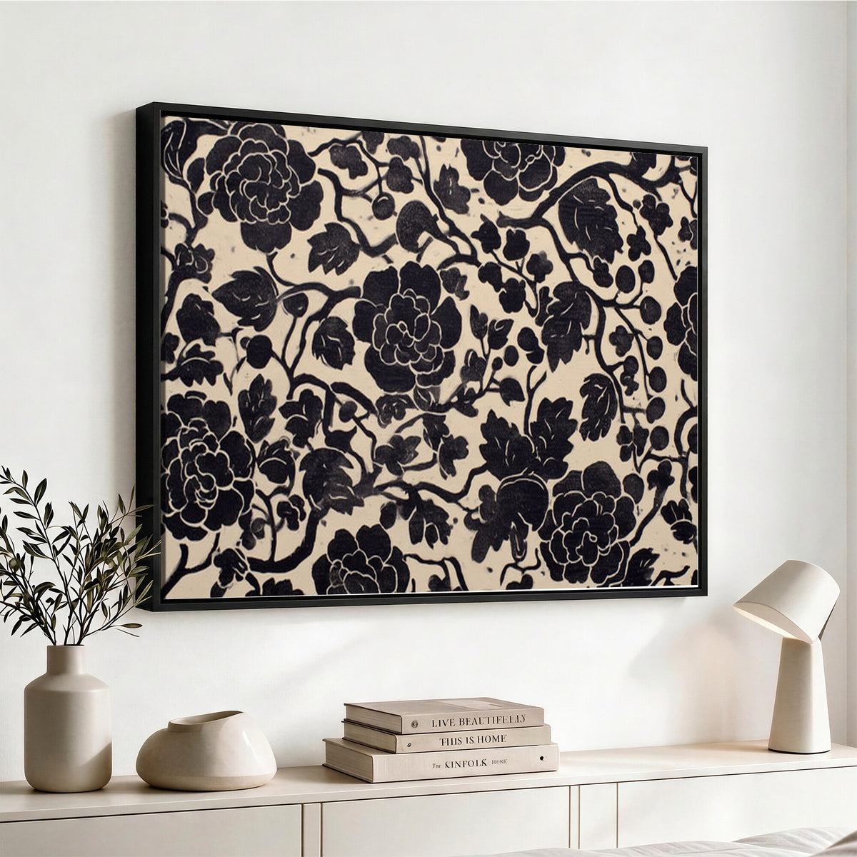 86696255-MGV-CV-36X24 - Vintage Black and Cream Floral Wall Art Canvas Print, Chinoiserie Botanical Painting Print