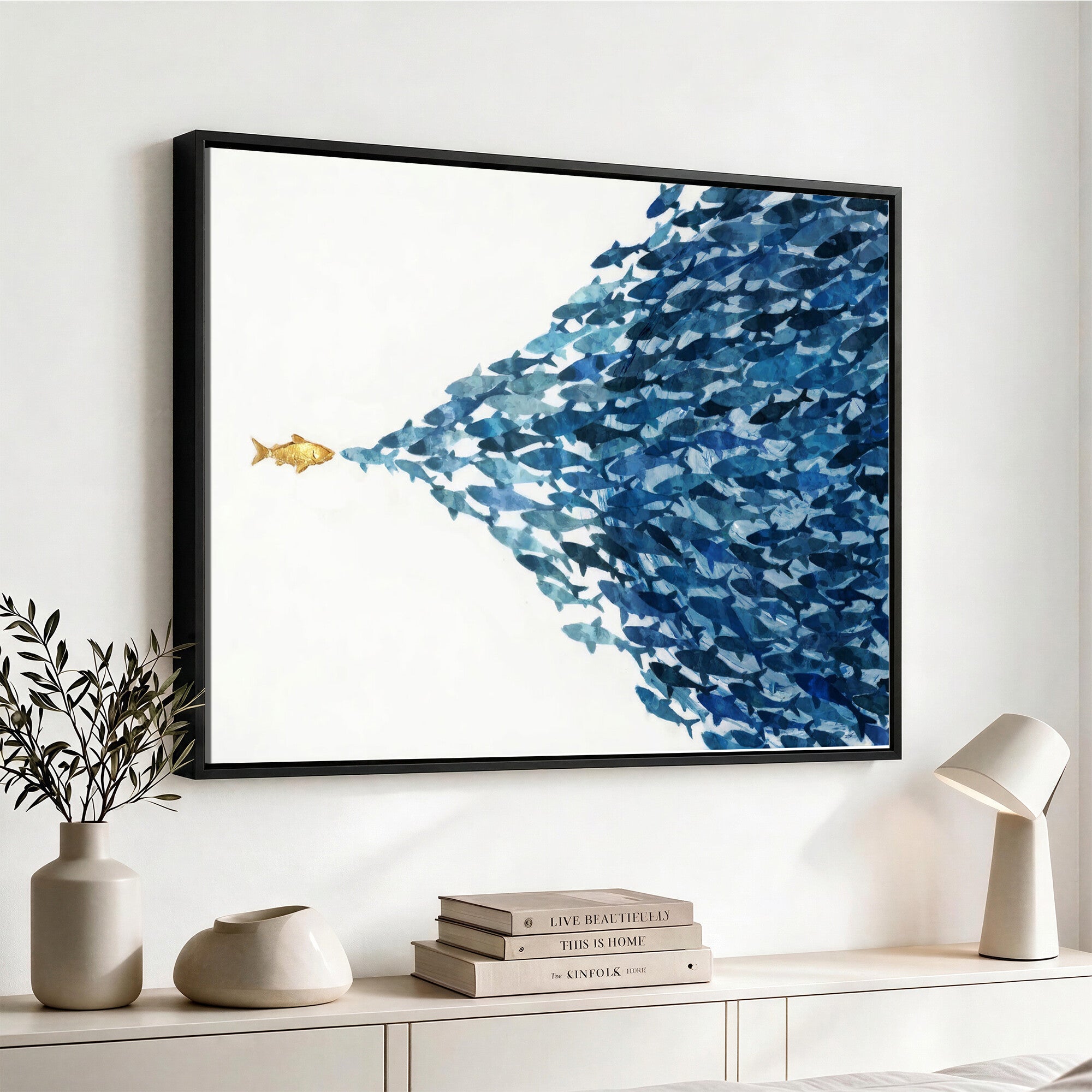 79089639-MGV-CV-36X24 - Abstract Blue Fish School Canvas Wall Art, Gold Foil Accent Marine Print