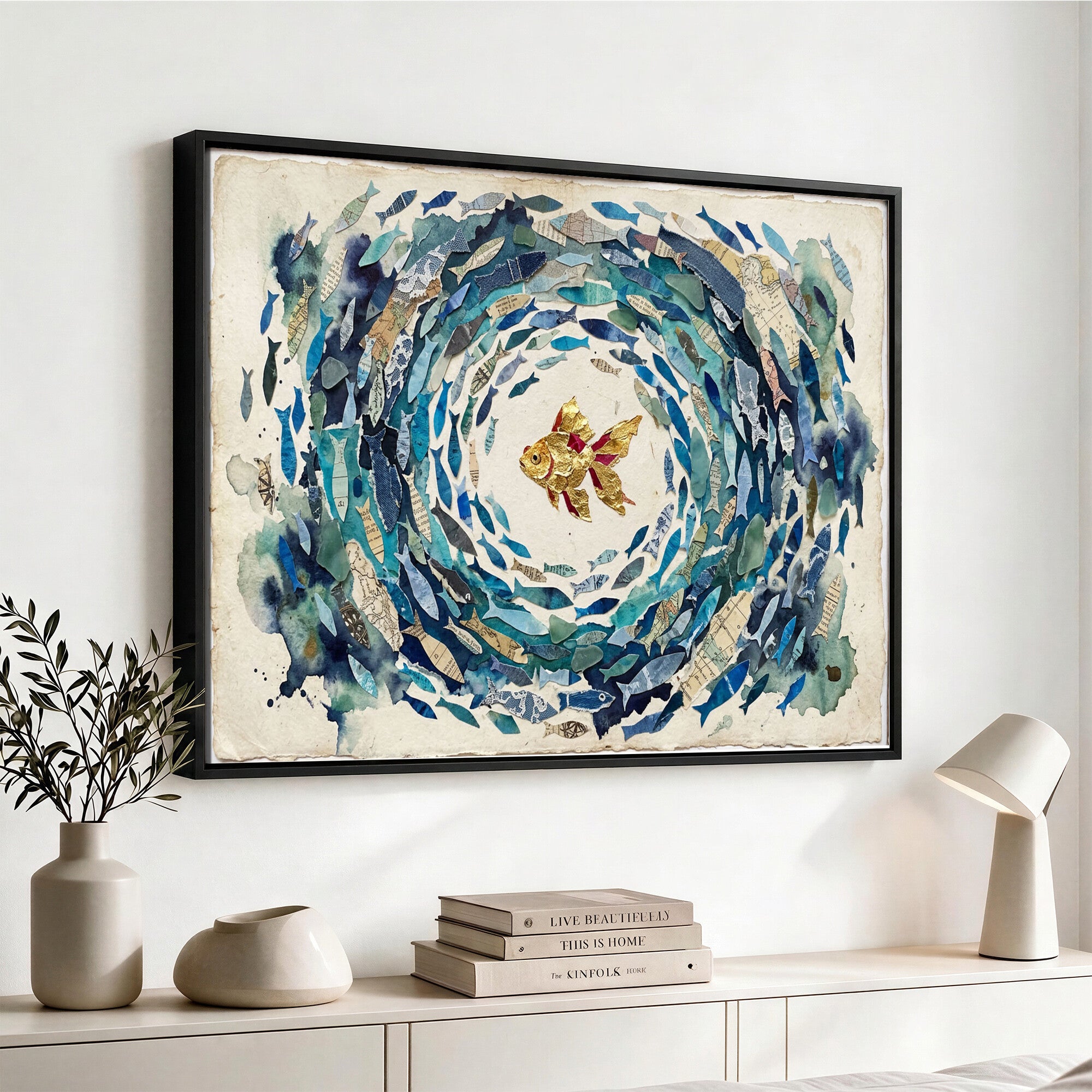 73165663-MGV-CV-36X24 - Mixed Media Blue Fish Swirl Canvas Wall Art, Goldfish Collage Ocean Print